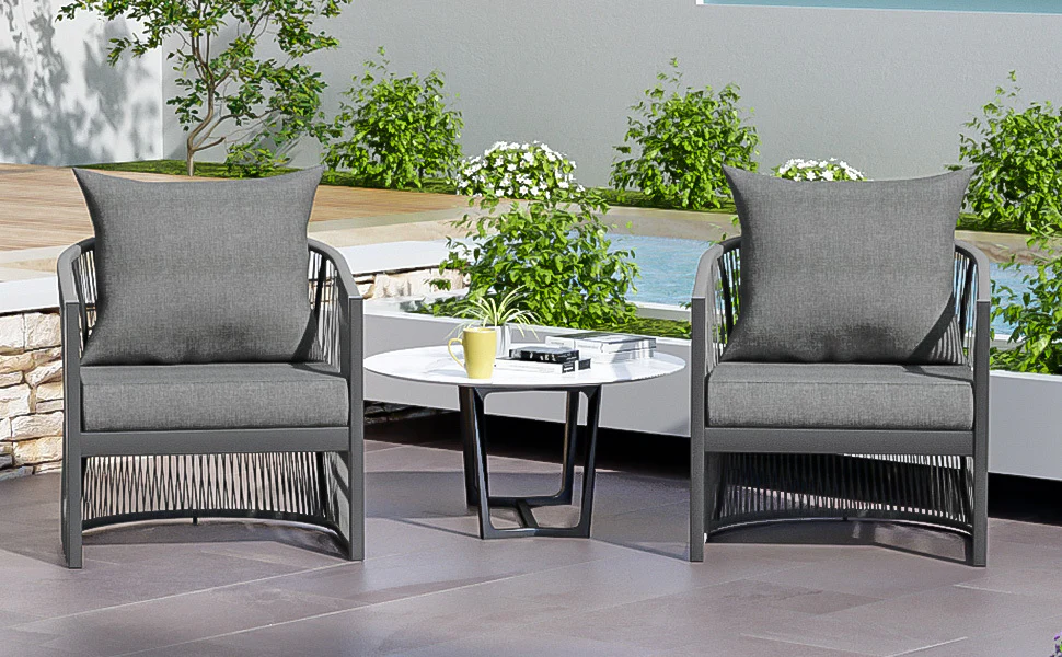 Walker Edison | Stylish Rope-Weave Gray Curved Outdoor Chairs Set of 2