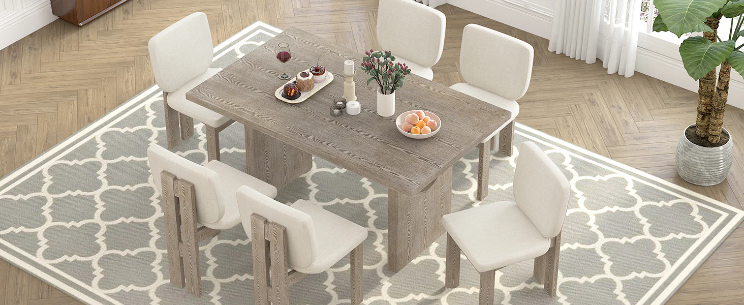 Walker Edison | Natural Wood Wash 7-Piece Retro Dining Set with 6 Upholstered Chairs