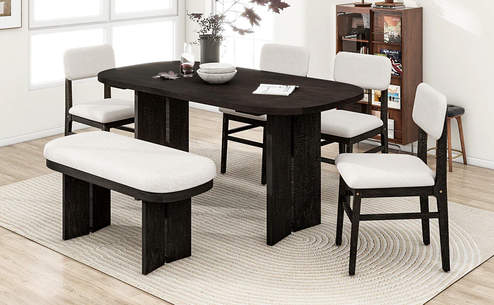Walker Edison | Solid Wood 6-Piece Upholstered Dining Table Set with Bench