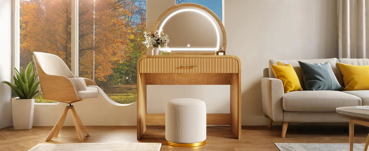 Walker Edison | Natural Reeded Curve Design Makeup Vanity Desk with Mirror