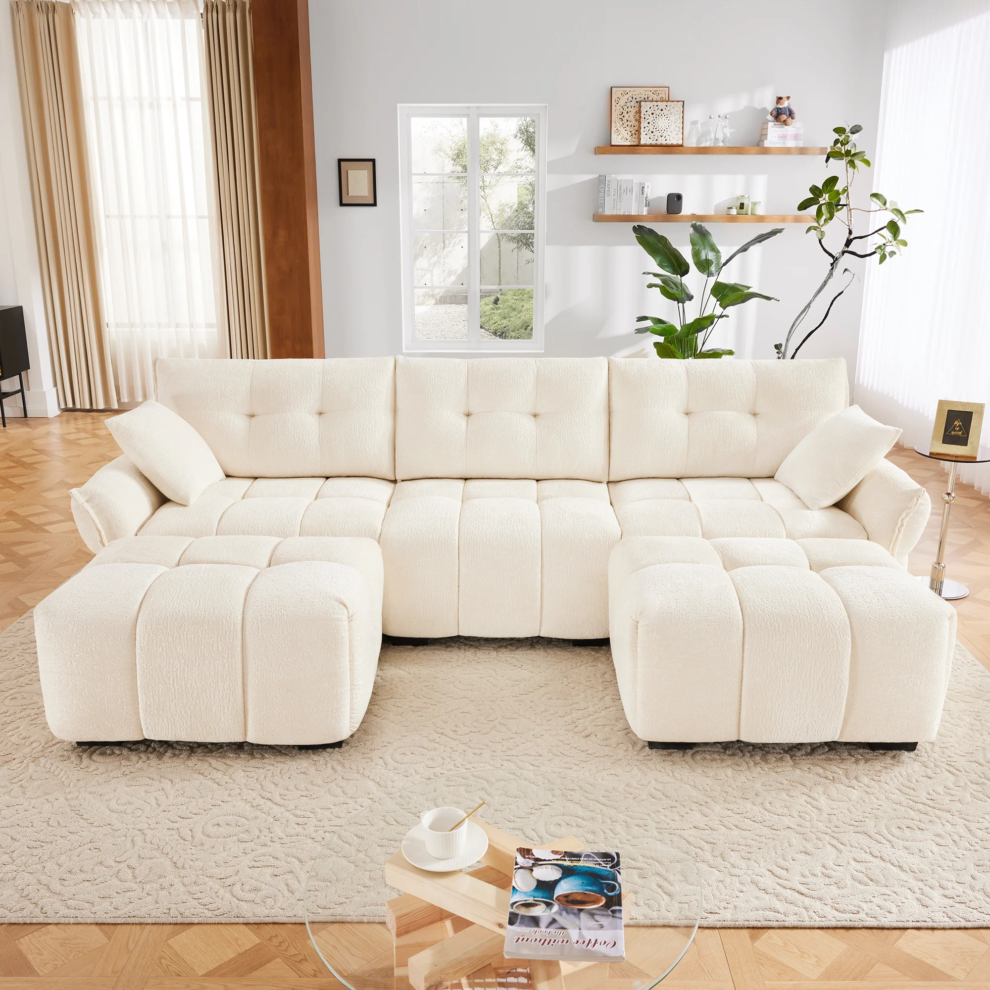 Walker Edison | Chenille Tufted 3 Seater Sofa Set With Ottoman And Throw Pillows