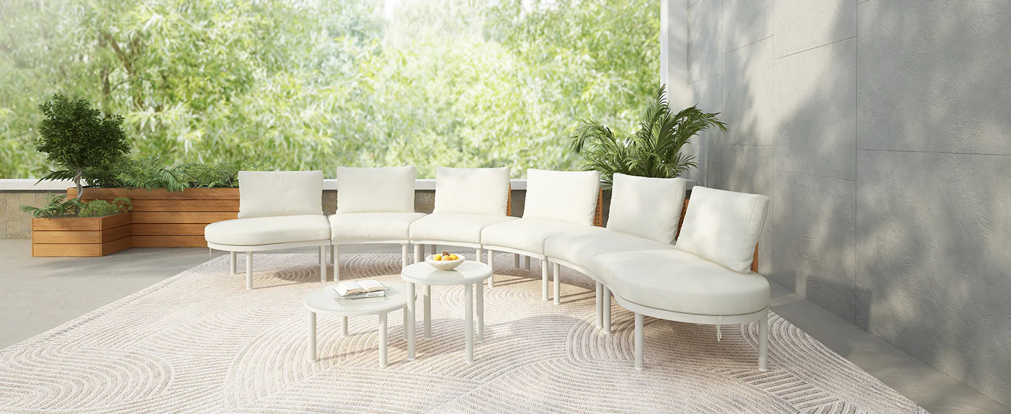 Walker Edison | Minimalist Half Moon Outdoor 8-Piece Modular Sofa Set with Nesting Tables