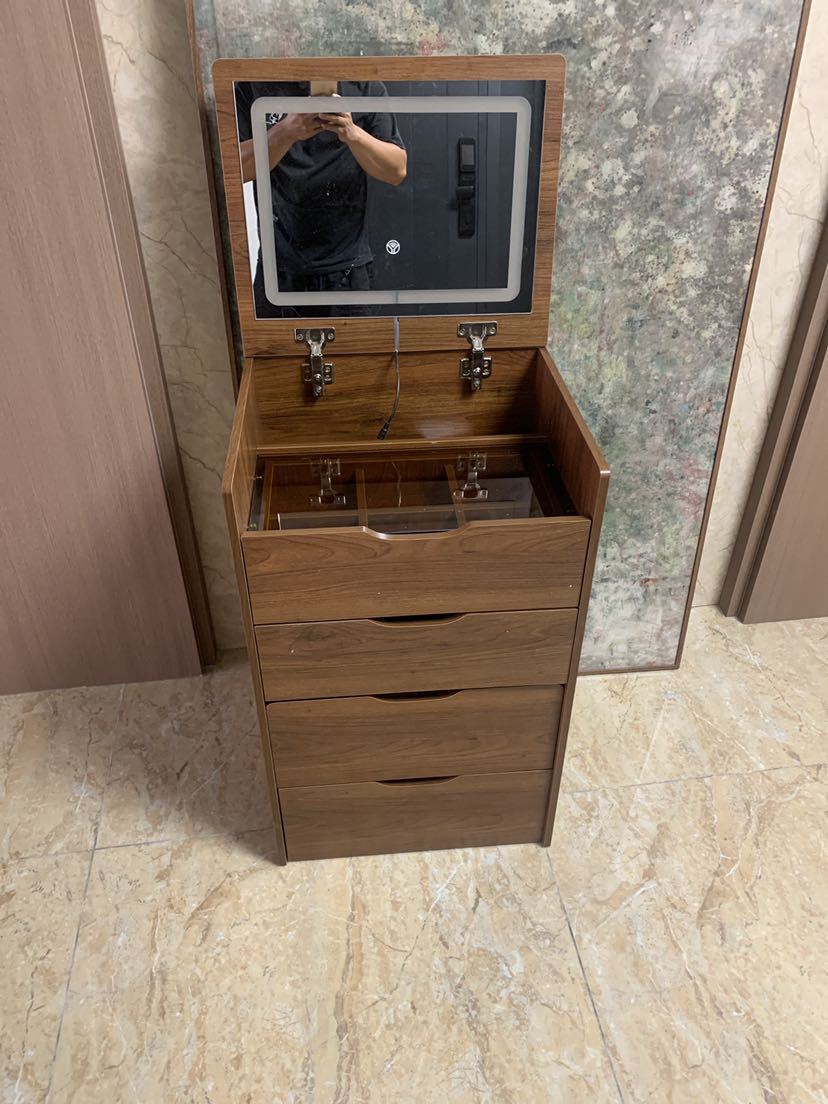 Walker Edison | Walnut 3 in 1 Vanity Desk with Flip Top Mirror & Cushioned Stool