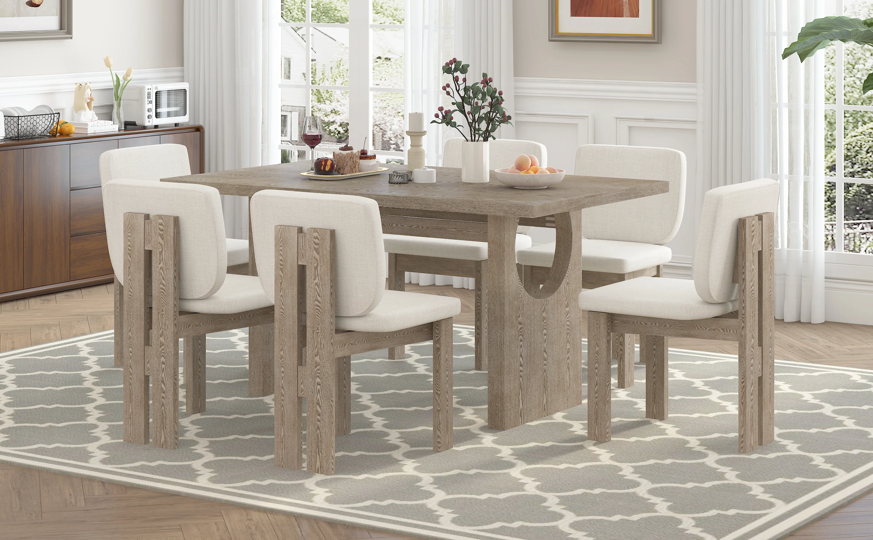Walker Edison | Natural Wood Wash 7-Piece Retro Dining Set with 6 Upholstered Chairs
