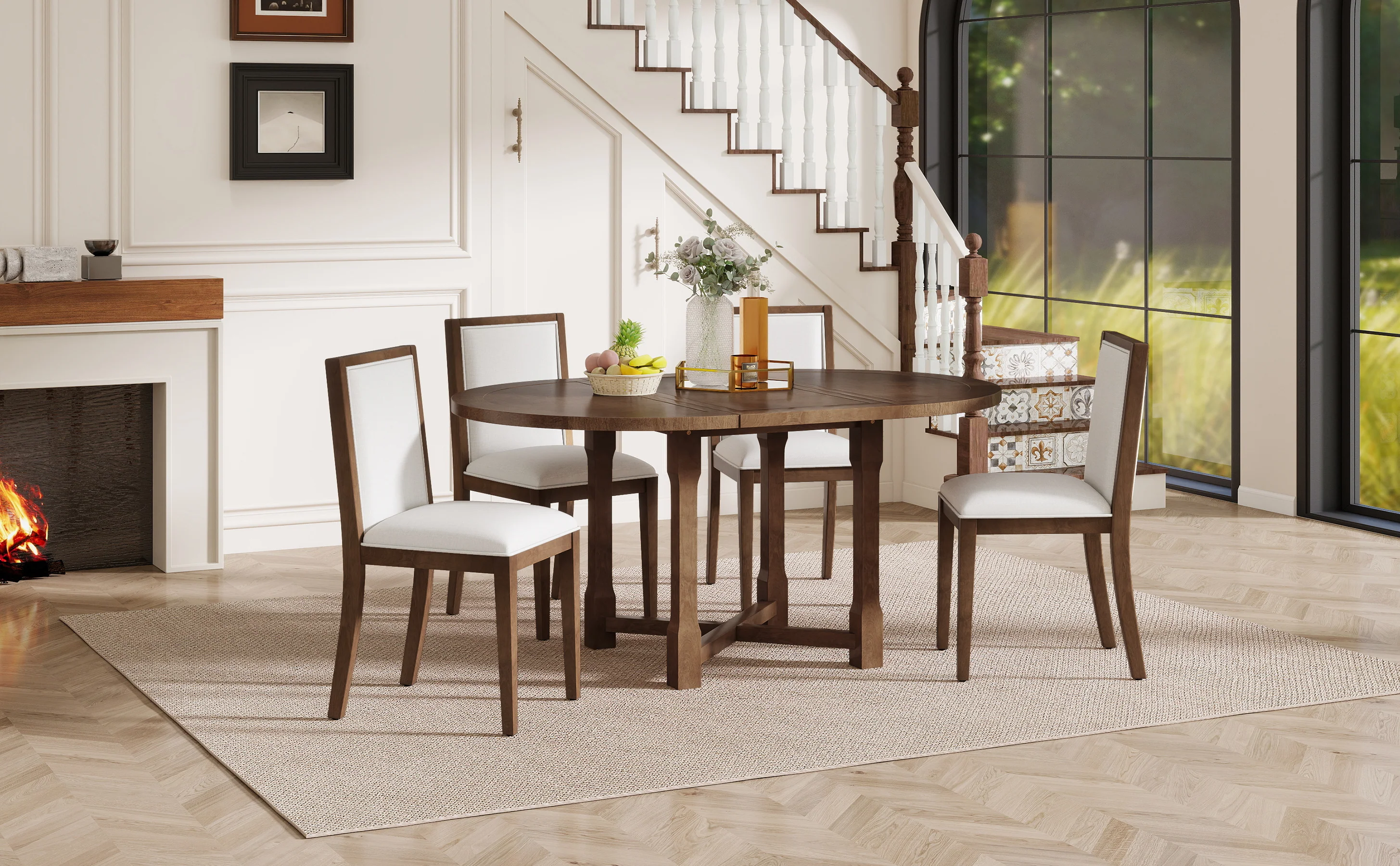 Walker Edison | Farmhouse Kitchen 5-Piece Extendable Dining Table Set for 4 with Upholstered Chair