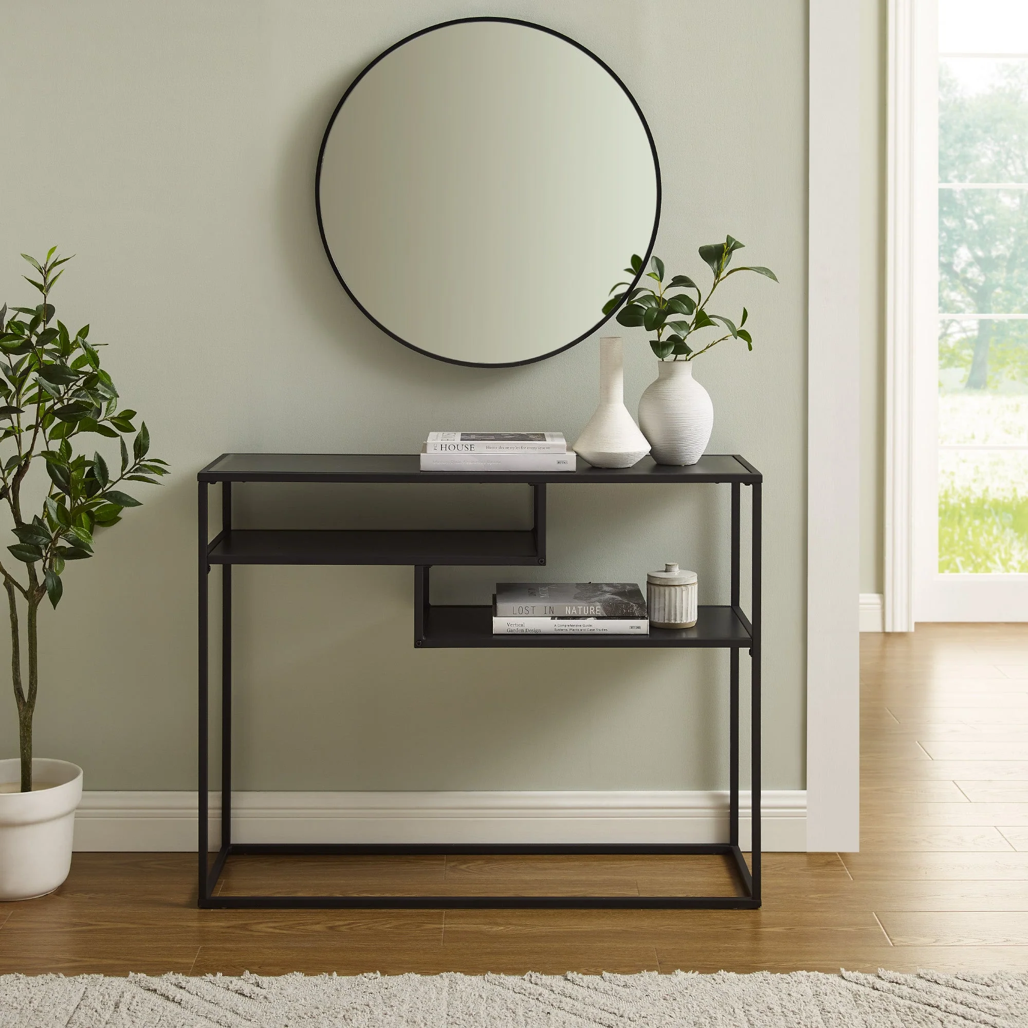 Maya 42 Metal and Wood Tiered Shelf Entry Table