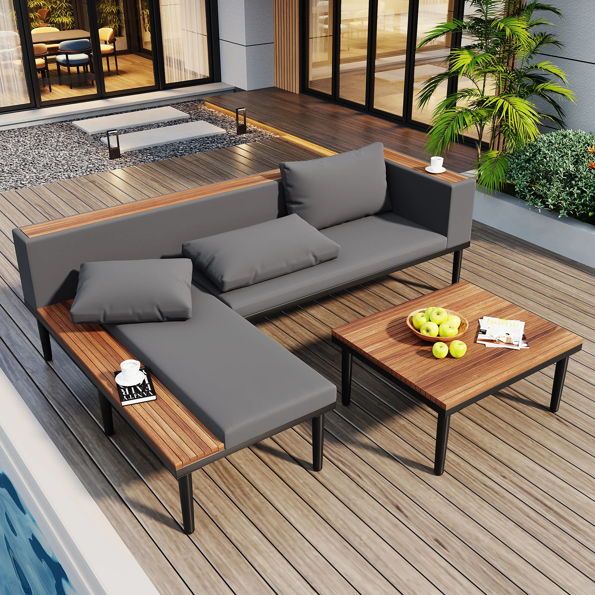 Walker Edison | Acacia Wood Outdoor Patio Sofa Set with Side Table