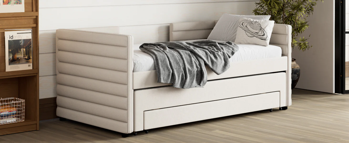 Walker Edison | Twin Size Upholstered Daybed with Trundle and 3 Storage Drawers
