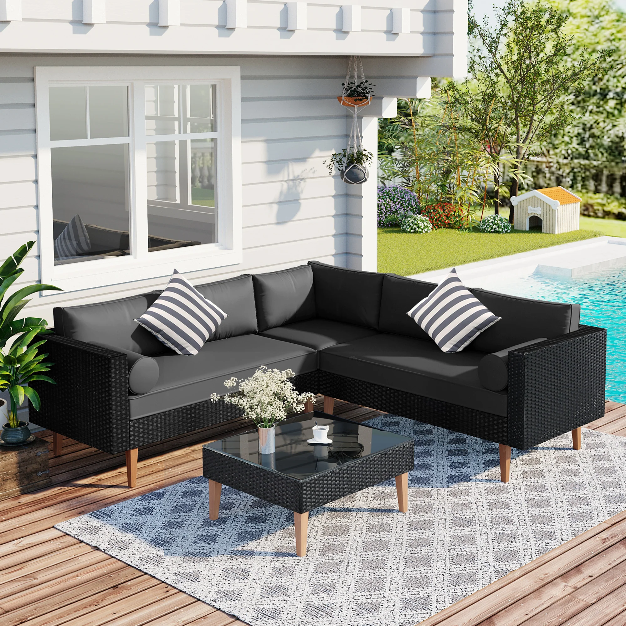 Walker Edison | Black 4-pieces Outdoor Wicker Sofa Set