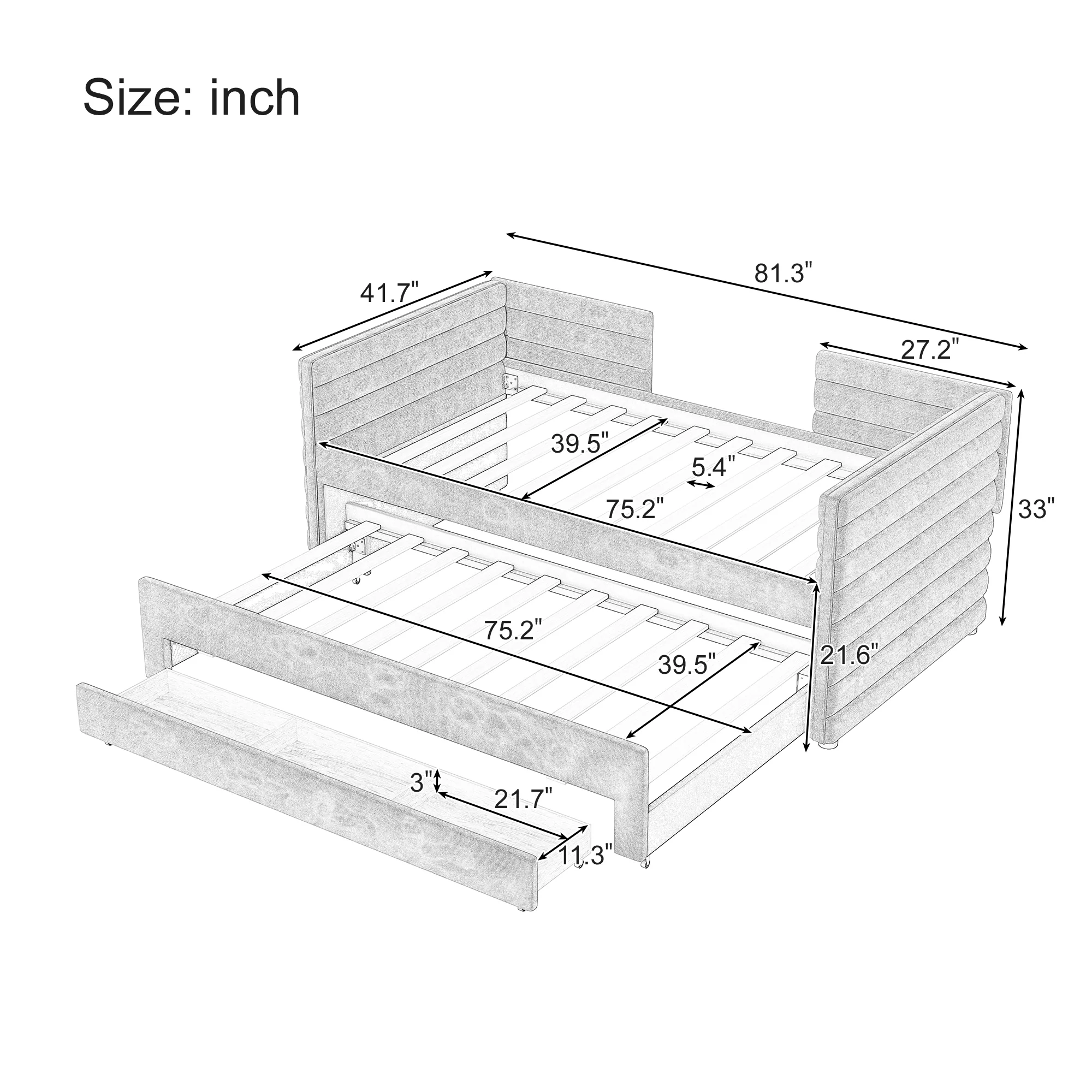 Walker Edison | Twin Size Upholstered Daybed with Trundle and 3 Storage Drawers