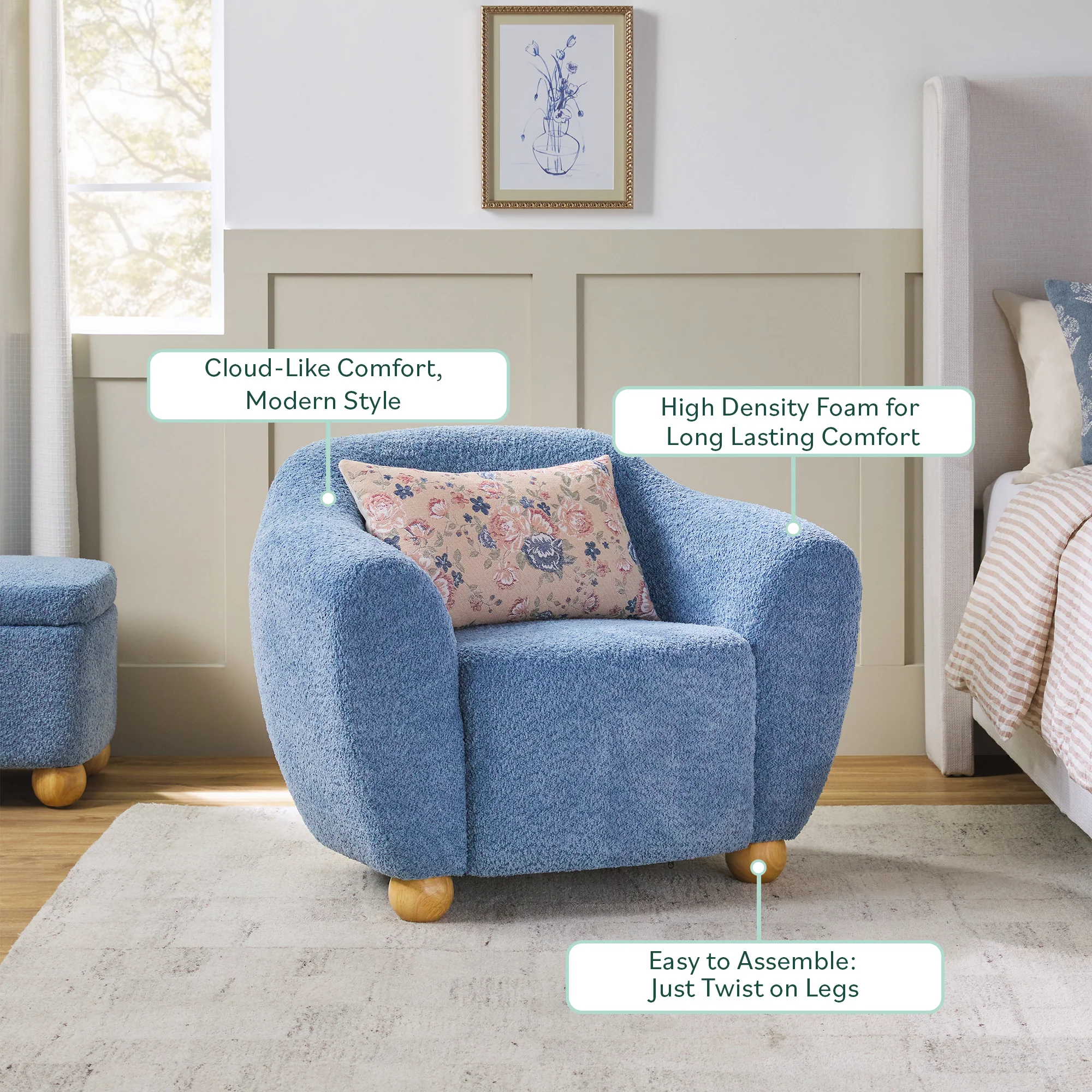 Linley Contemporary Bouclé Upholstered Accent Chair with Ottoman Set