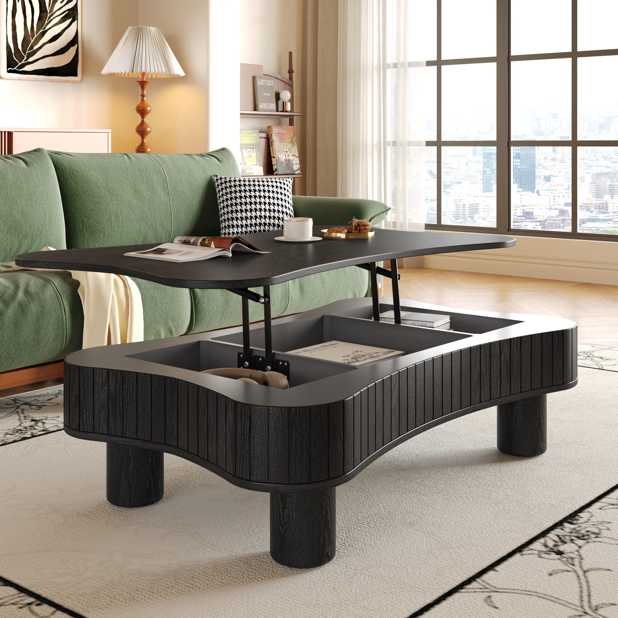 Walker Edison | Black Reeded Curve Design Lift Top Coffee Table and Desk