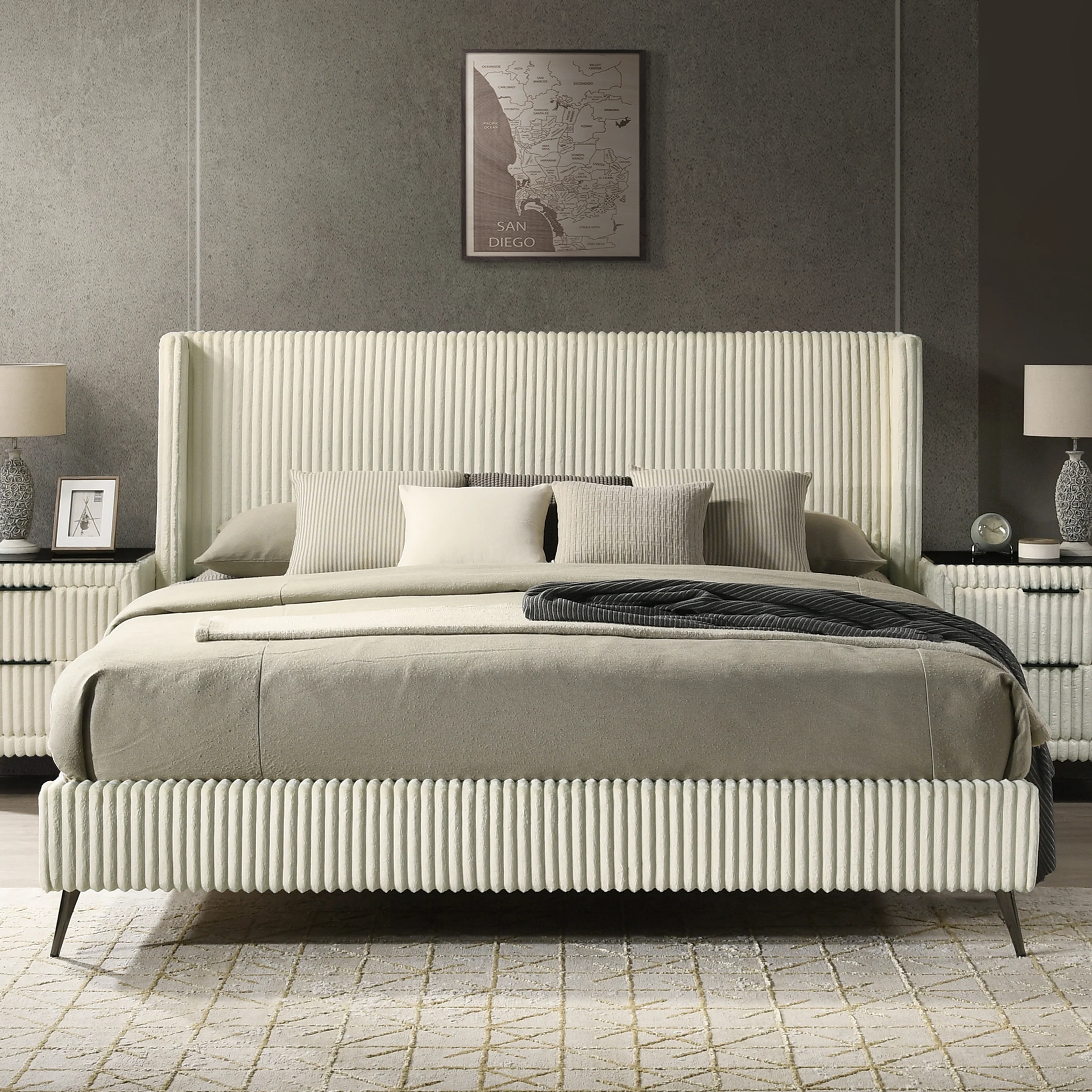 Walker Edison | Corduroy Upholstery King Bed with 2 Nightstands