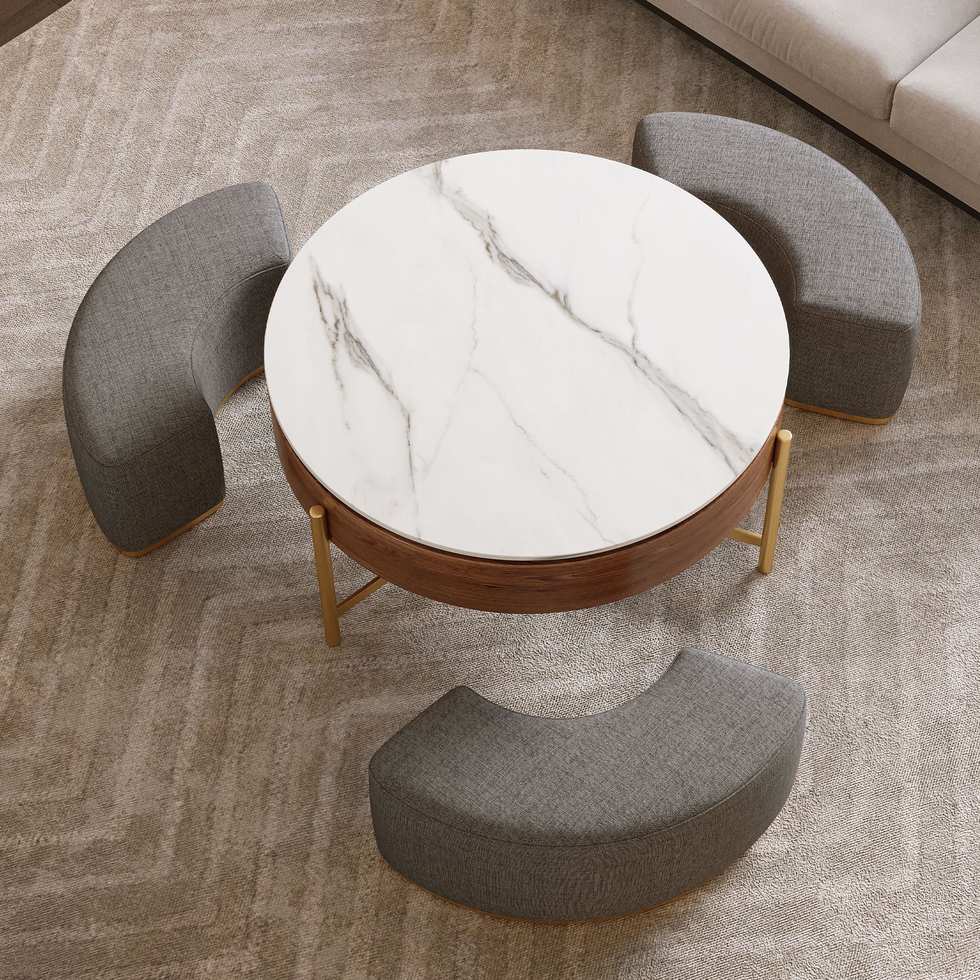 Walker Edison | Modern Lift-Top Round Coffee Table with Storage and Nesting Ottomans