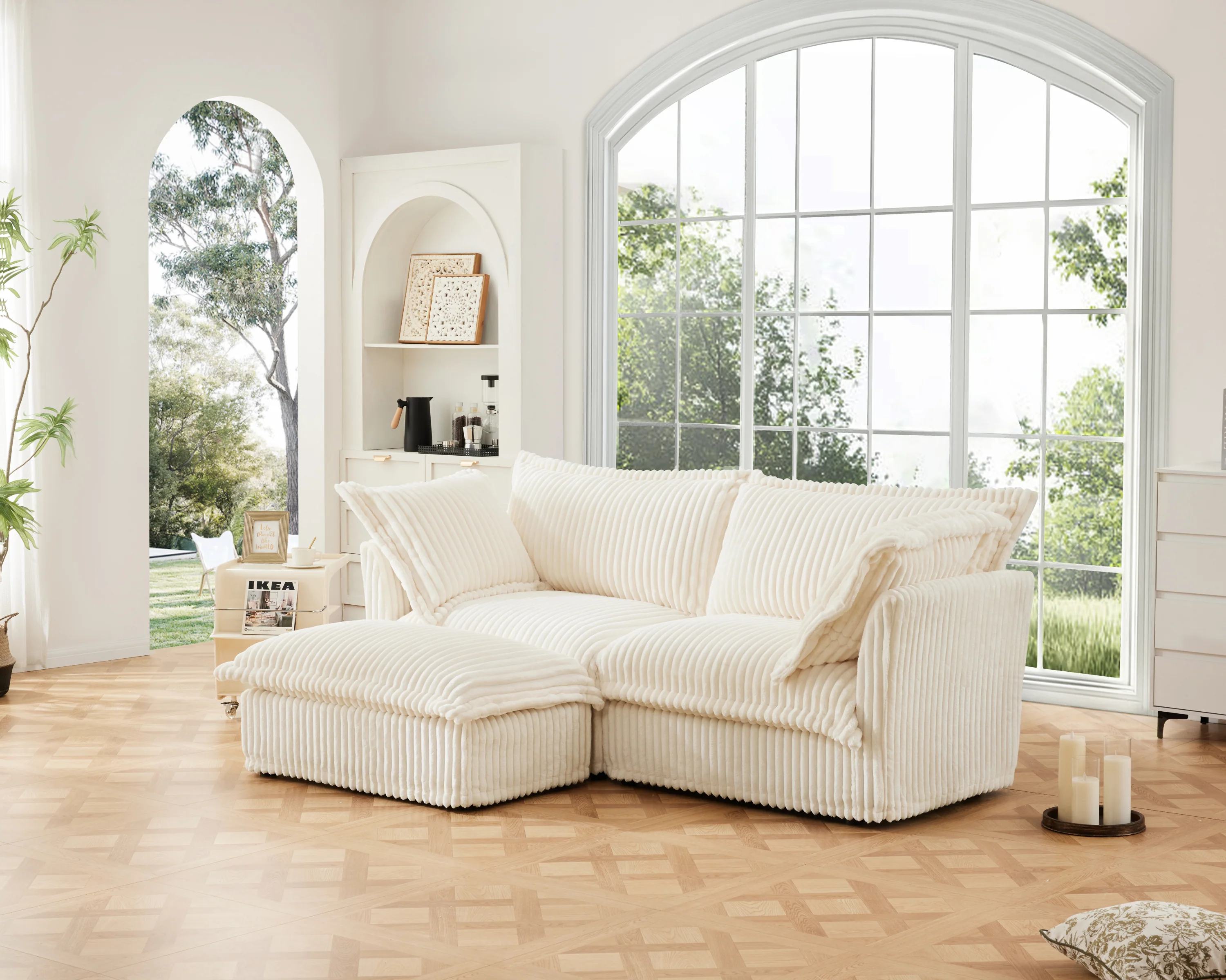 Walker Edison | Cloud Cream Corduroy Slipcovered Sectional Sofa with Ottoman