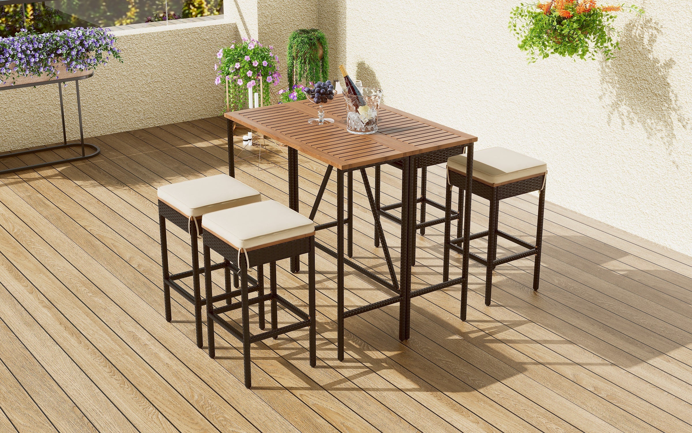 Walker Edison | Outdoor 5-Piece Acacia Wood Bar Height Table And Stool Set