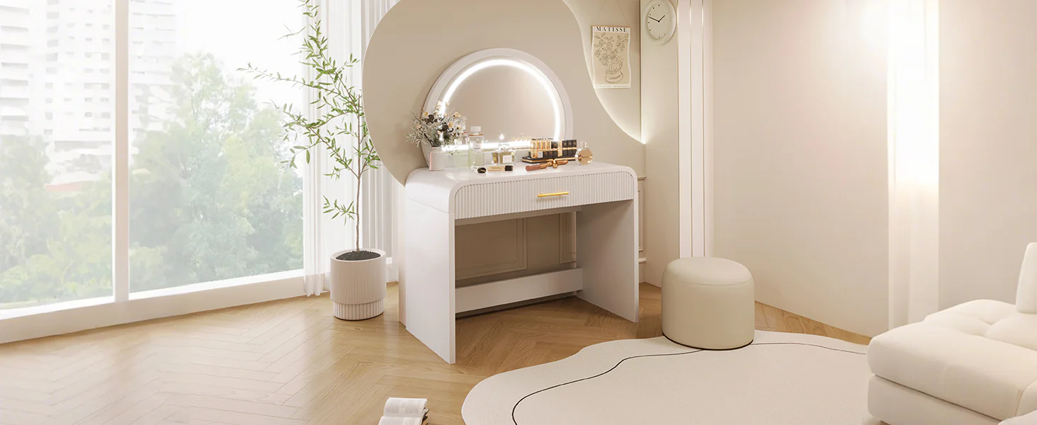 Walker Edison | Curve Reeded Makeup Vanity Table with Mirror Touch Screen Light