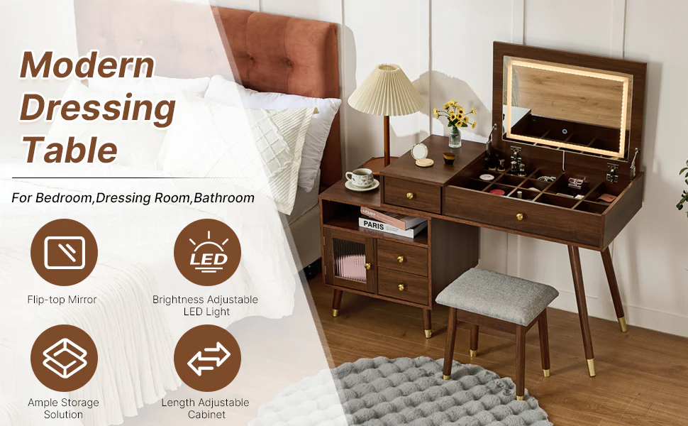 Walker Edison | 3-in-1 Makeup Vanity Desk with Lighted Flip-Top Mirror and Stool