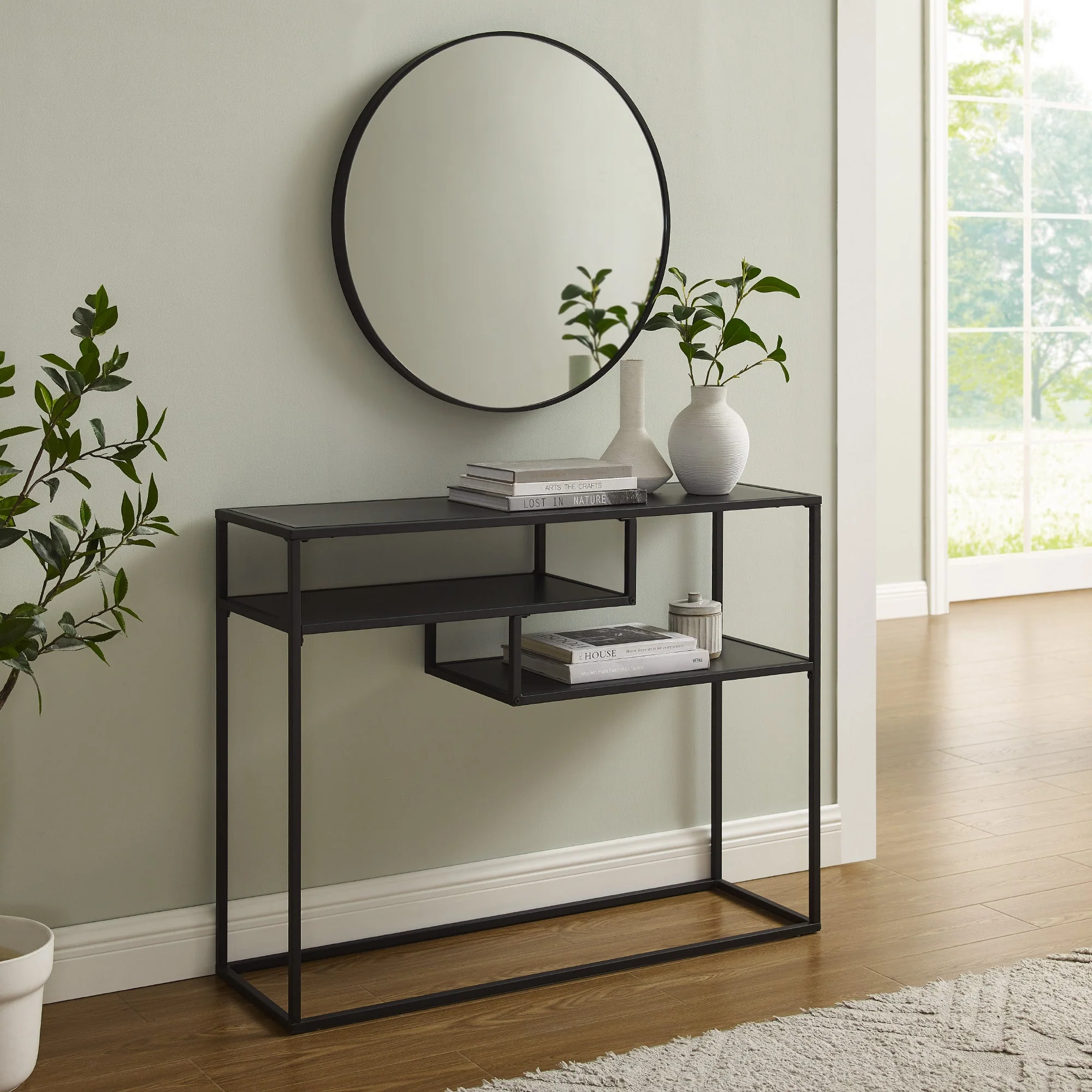 Maya 42 Metal and Wood Tiered Shelf Entry Table