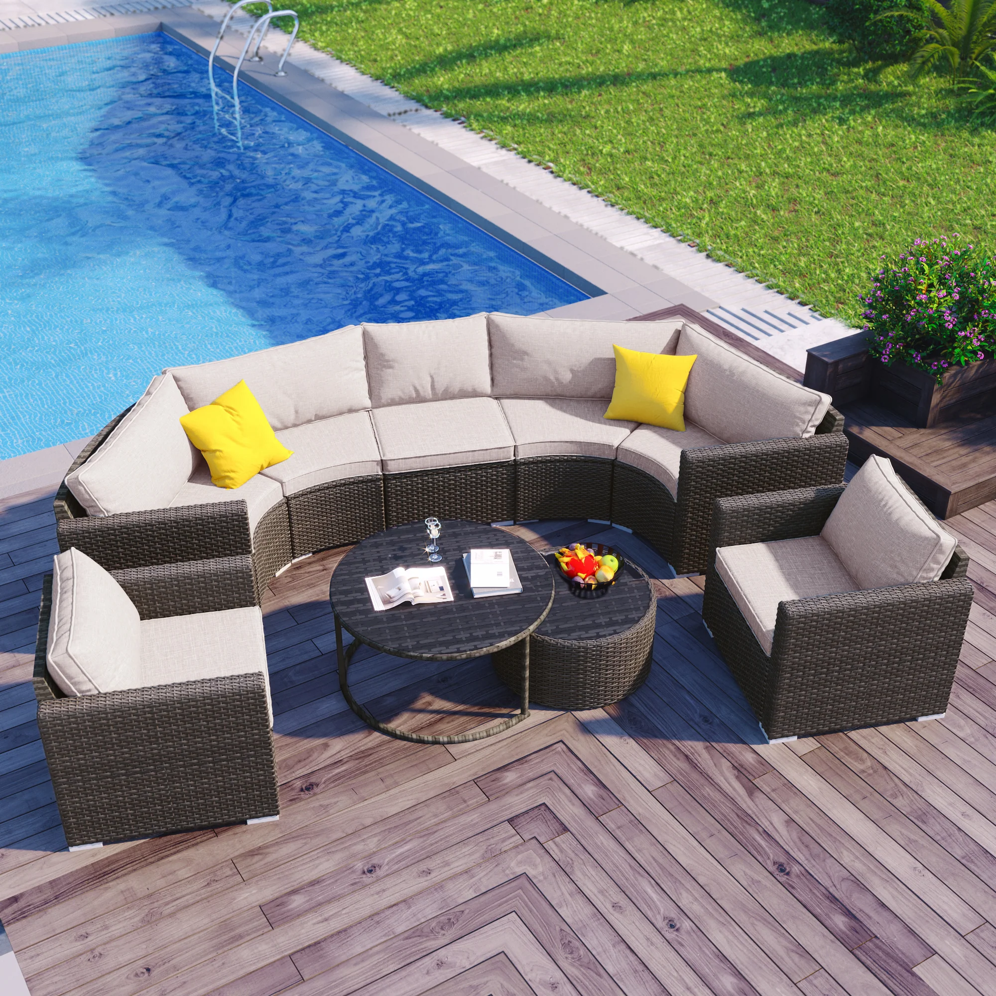 Walker Edison | Half Moon 9-Piece Wicker Outdoor Patio Sofa Set