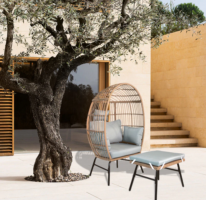 Walker Edison | Outdoor Garden Wicker Egg Chair And Footstool Set