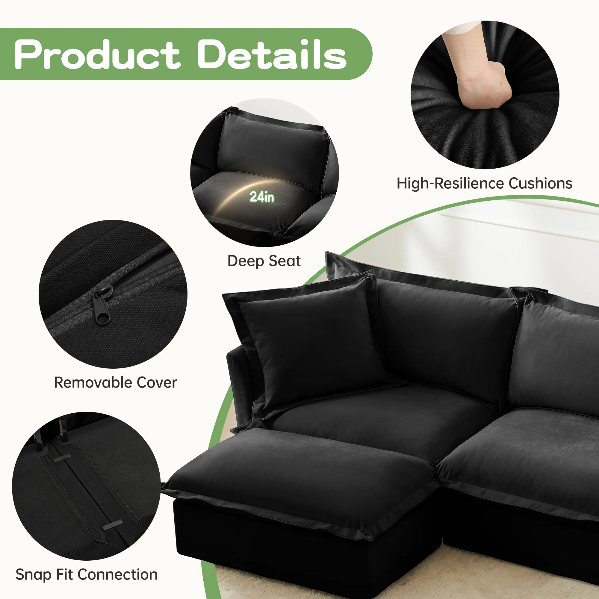 Walker Edison | Wide Deep Seat Slipcovered Black Loveseat Sofa with Ottoman