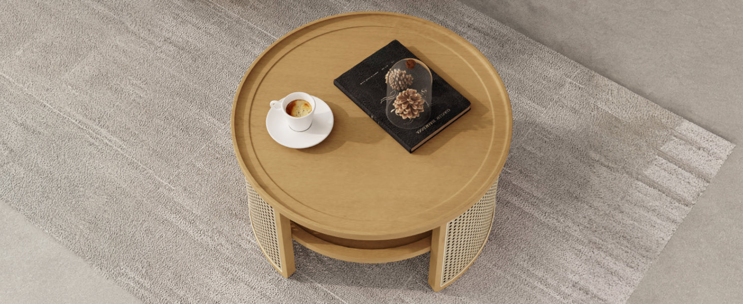 Walker Edison | Tiered Round Rattan Coffee Table with Storage