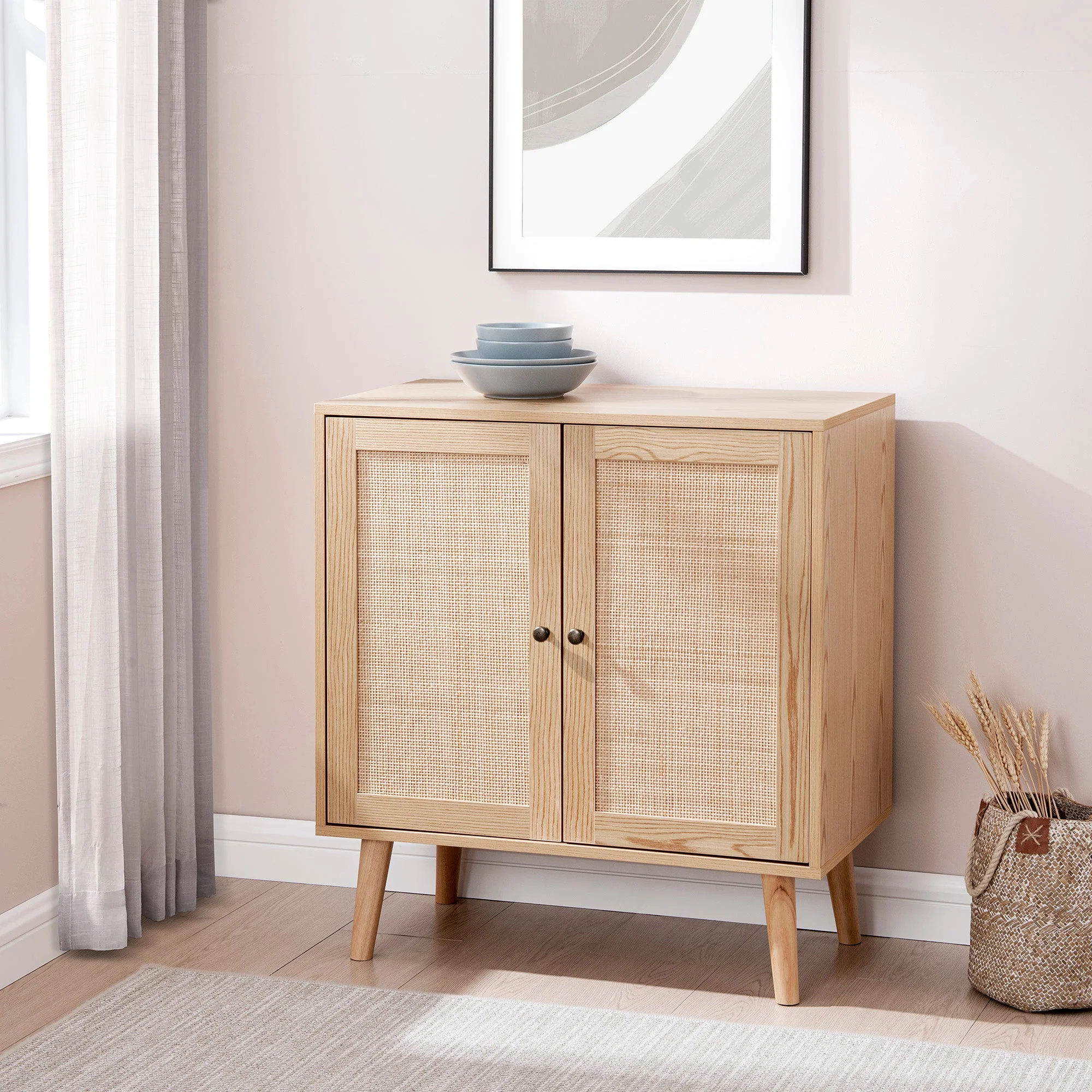 30 Wood and Rattan 2-Door Accent Cabinet