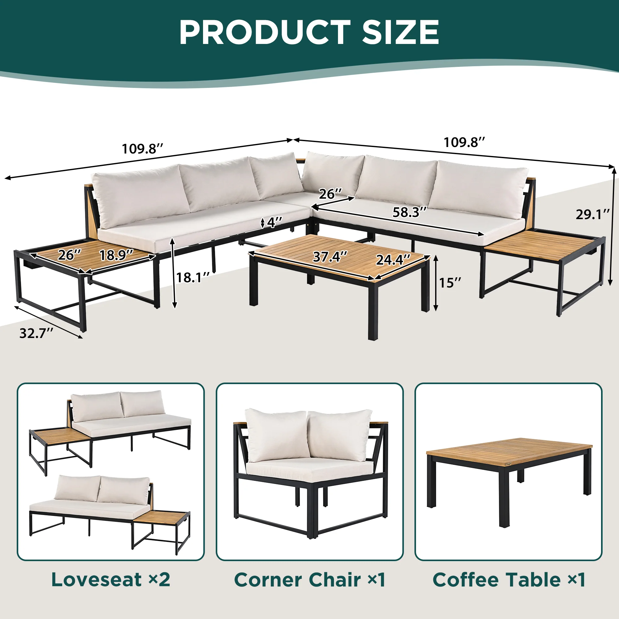 Walker Edison | 4 Pieces Outdoor Patio Sofa Sectional Set with Coffee and Side Tables