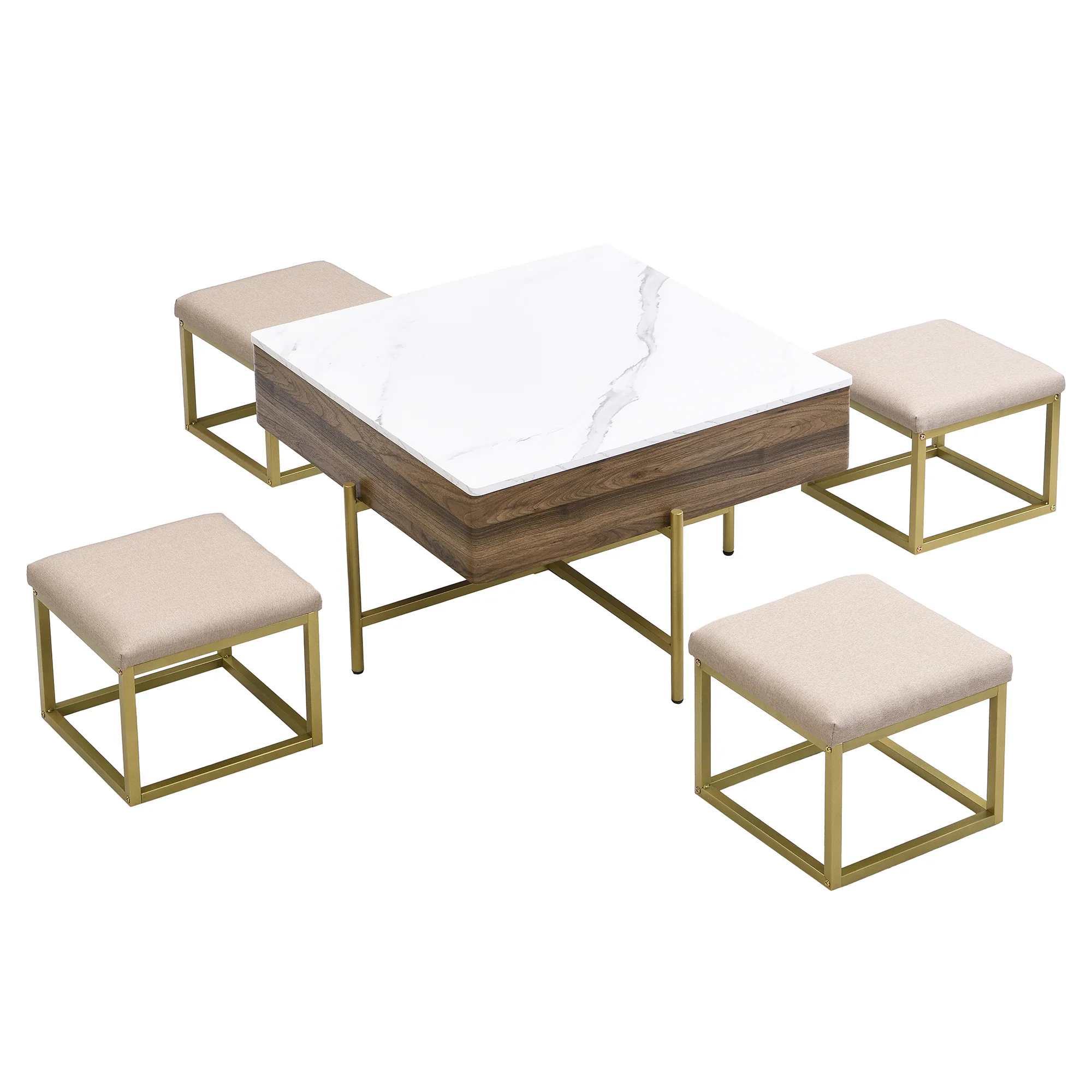 Walker Edison | Modern Square Lift-Top Coffee Table Set with 4 Ottomans