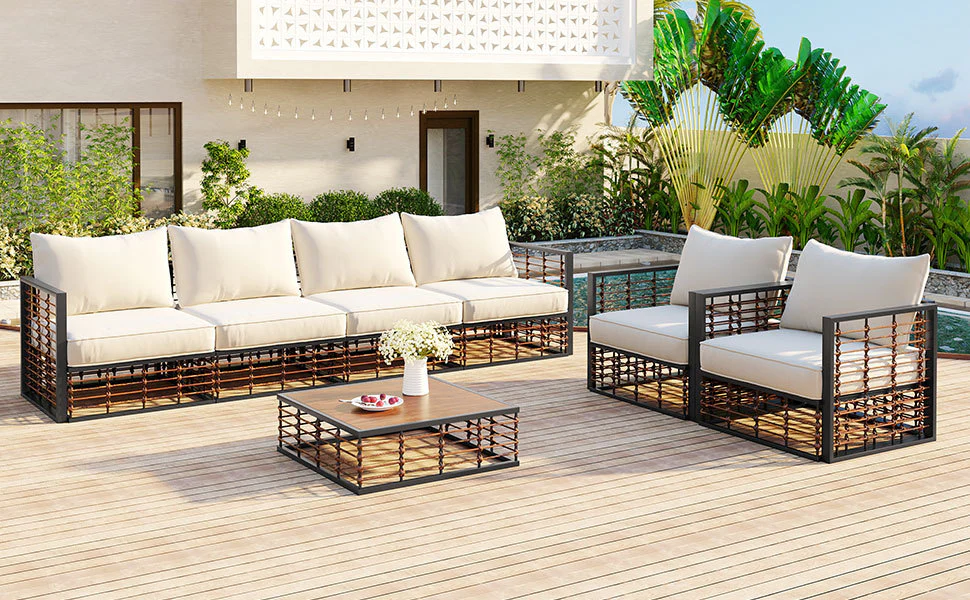 Walker Edison | Modern Minimalist 7-Piece Metal Outdoor Patio Sectional Sofa Set