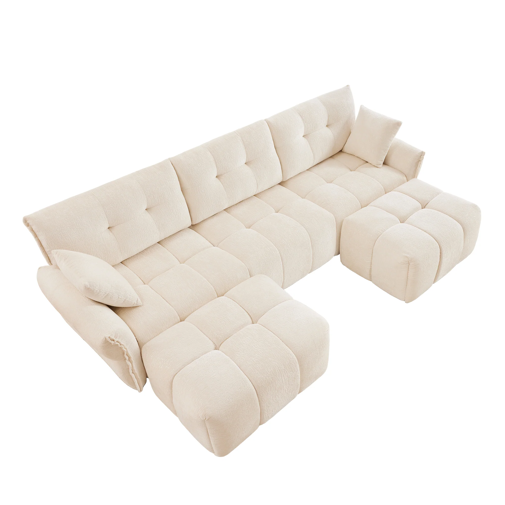 Walker Edison | Chenille Tufted 3 Seater Sofa Set With Ottoman And Throw Pillows
