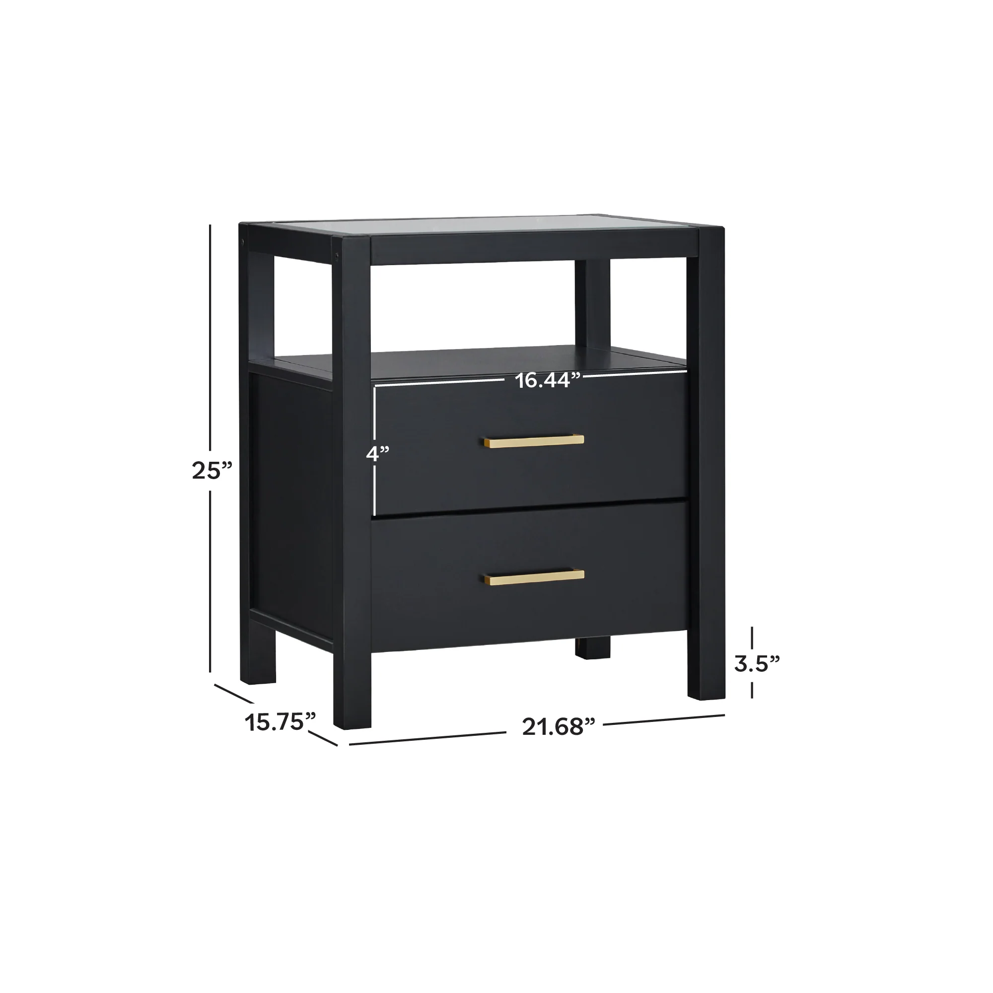 Isla Modern Easy Assembly Solid Wood 2-Drawer Nightstand Side Table with Glass Top