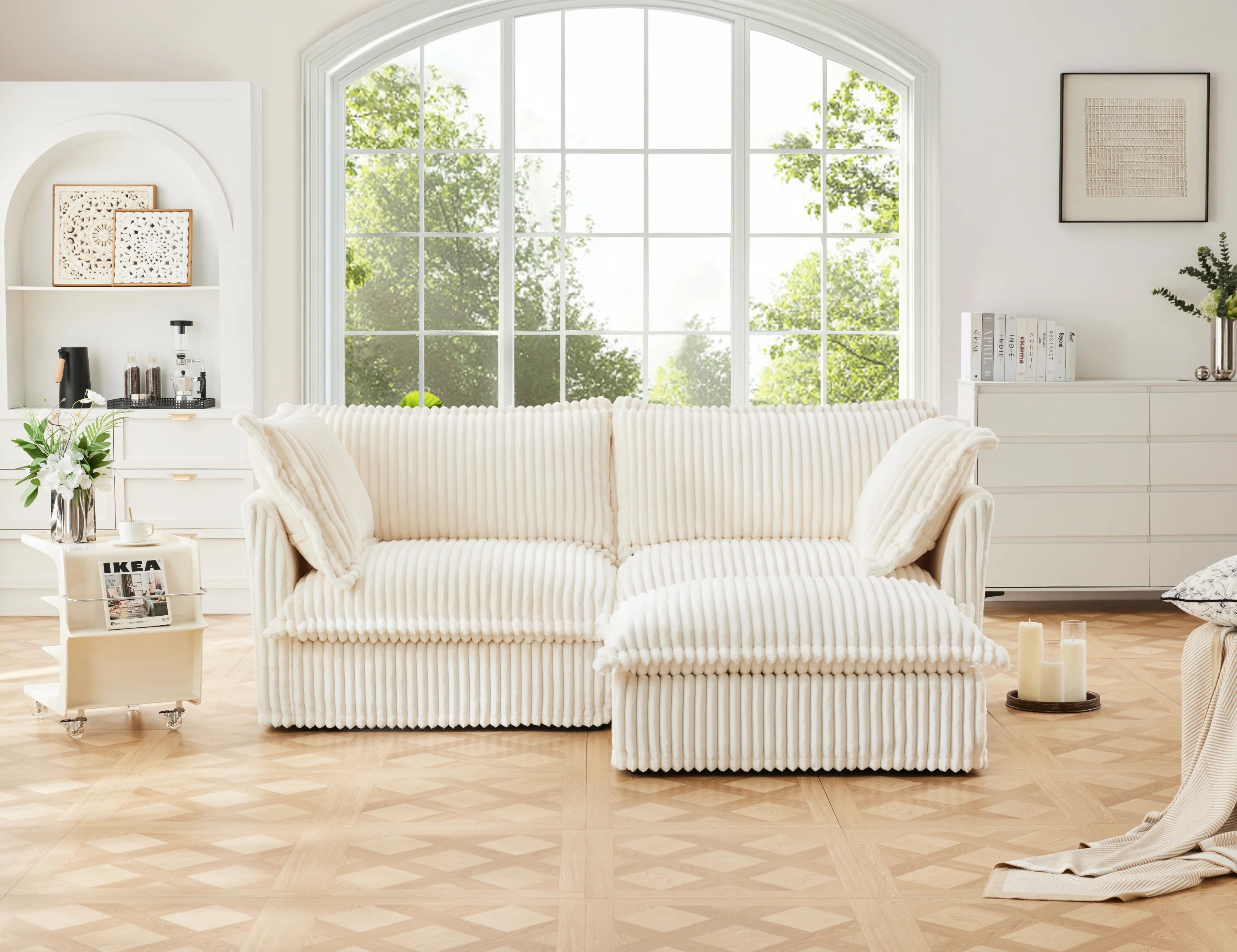 Walker Edison | Cloud Cream Corduroy Slipcovered Sectional Sofa with Ottoman