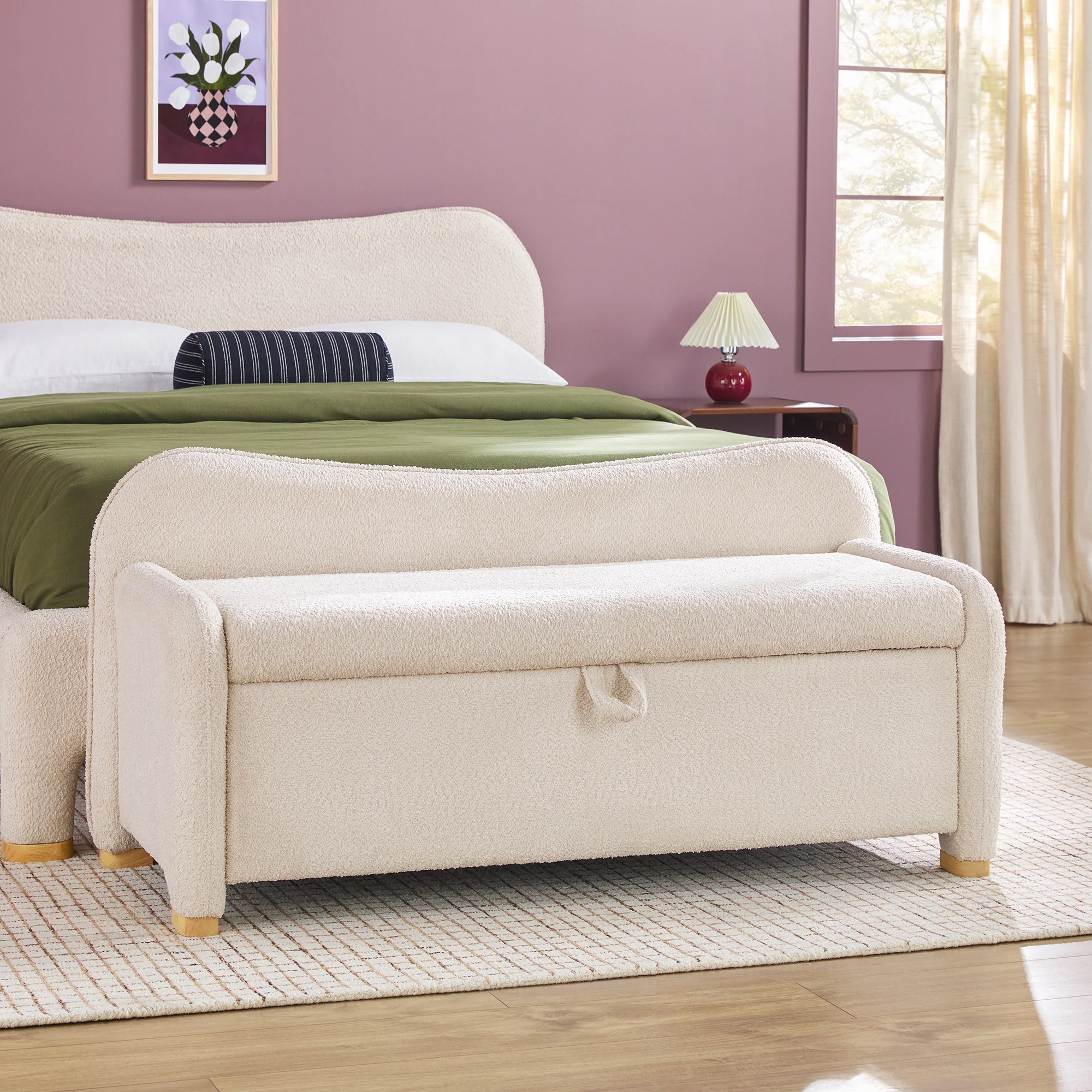 Chantelle Modern Curved Boucle Upholstered Bench with Storage