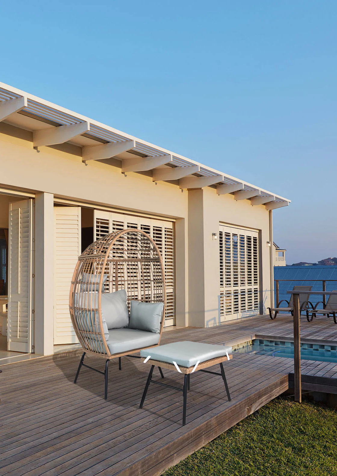 Walker Edison | Outdoor Garden Wicker Egg Chair And Footstool Set