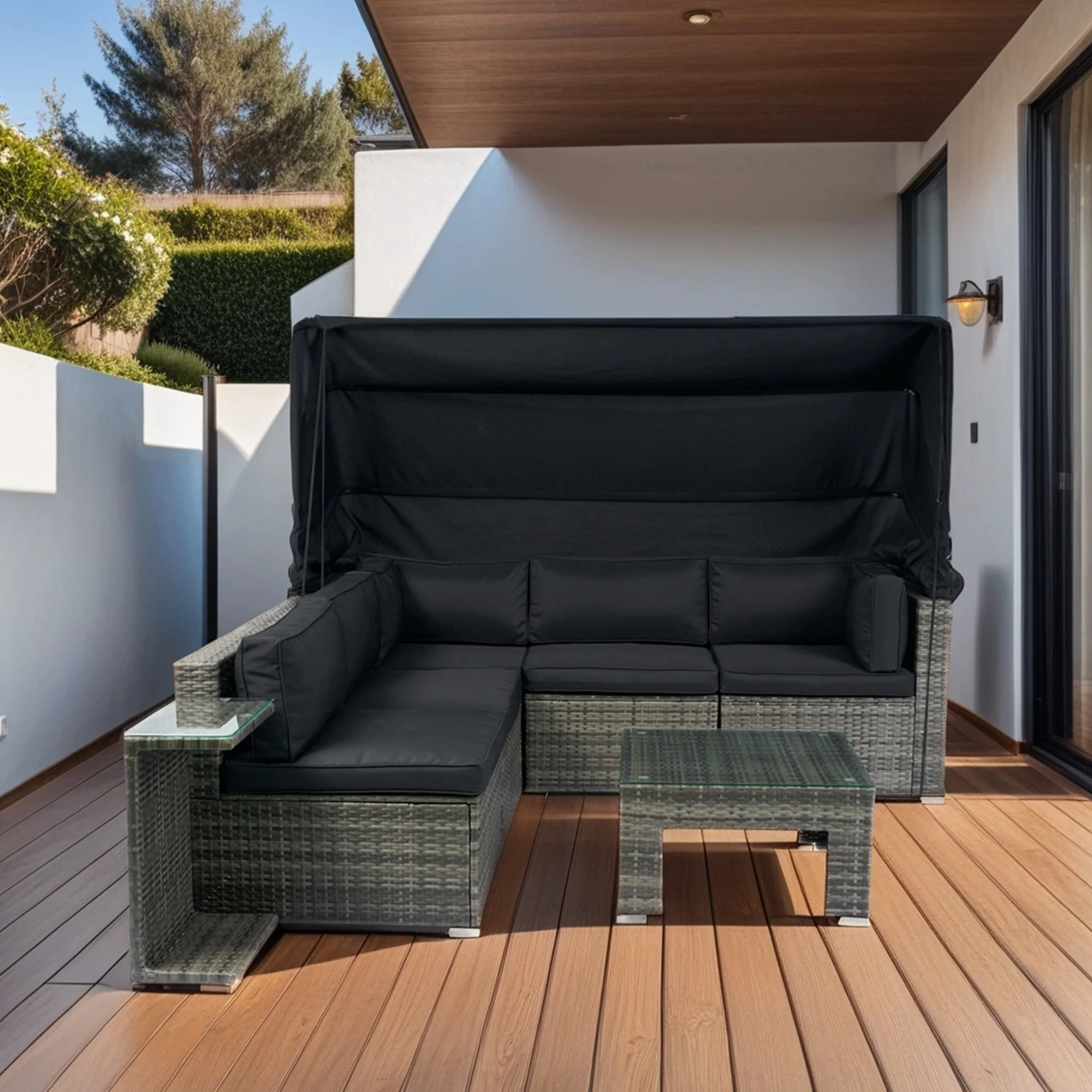 Walker Edison | 7-Piece Outdoor Patio Canopy Wicker Rattan Sectional Sofa Set