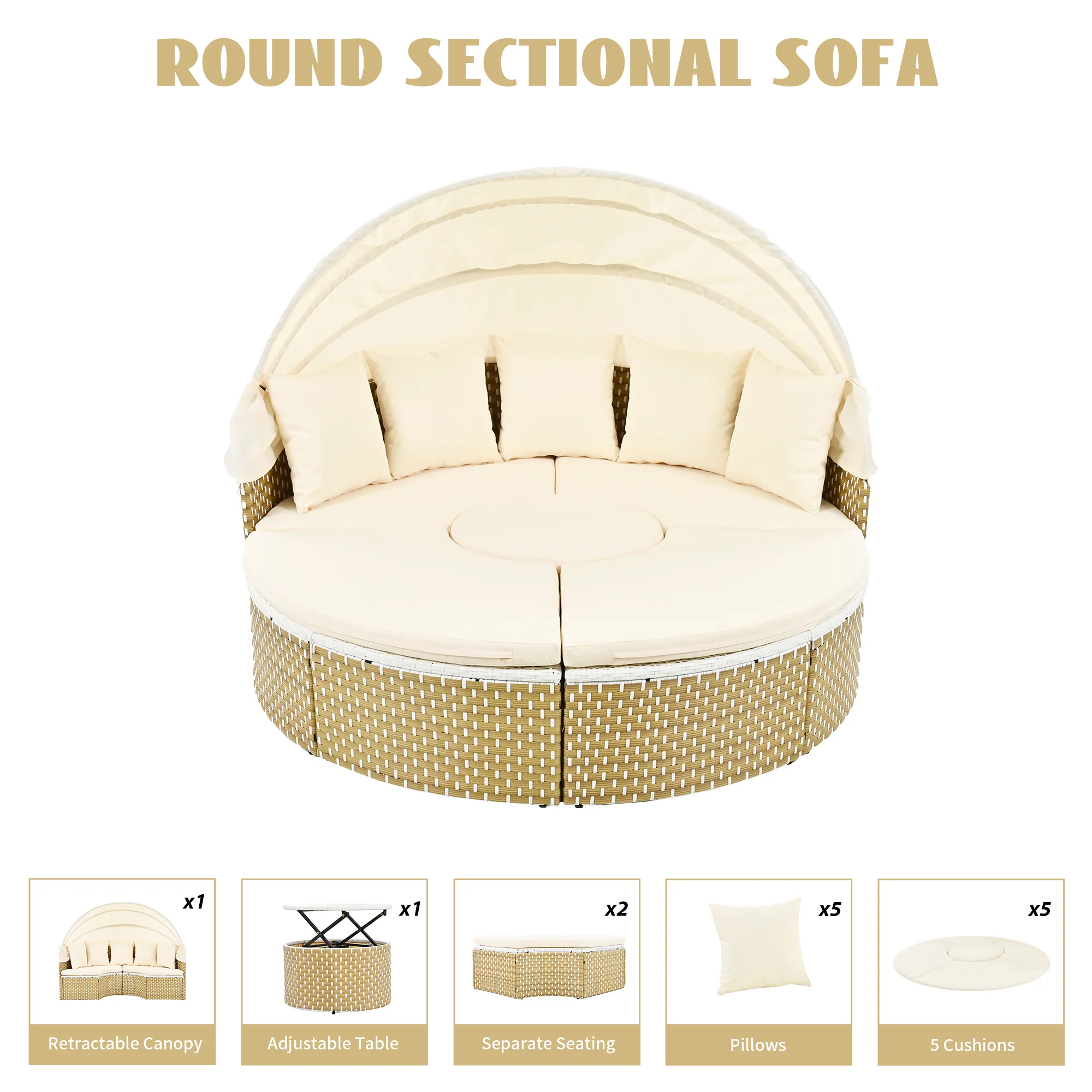 Walker Edison | Outdoor Round Modular Sunbed Sofa Set
