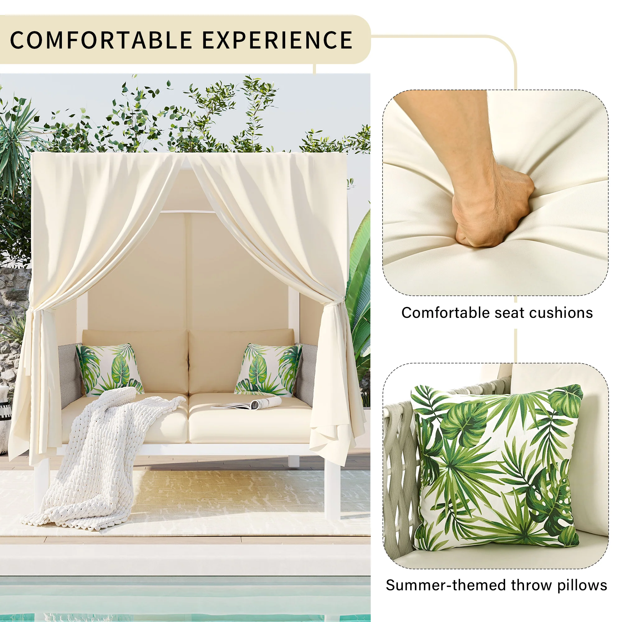 Walker Edison | Posh Outdoor Patio Sunbed with Curtains