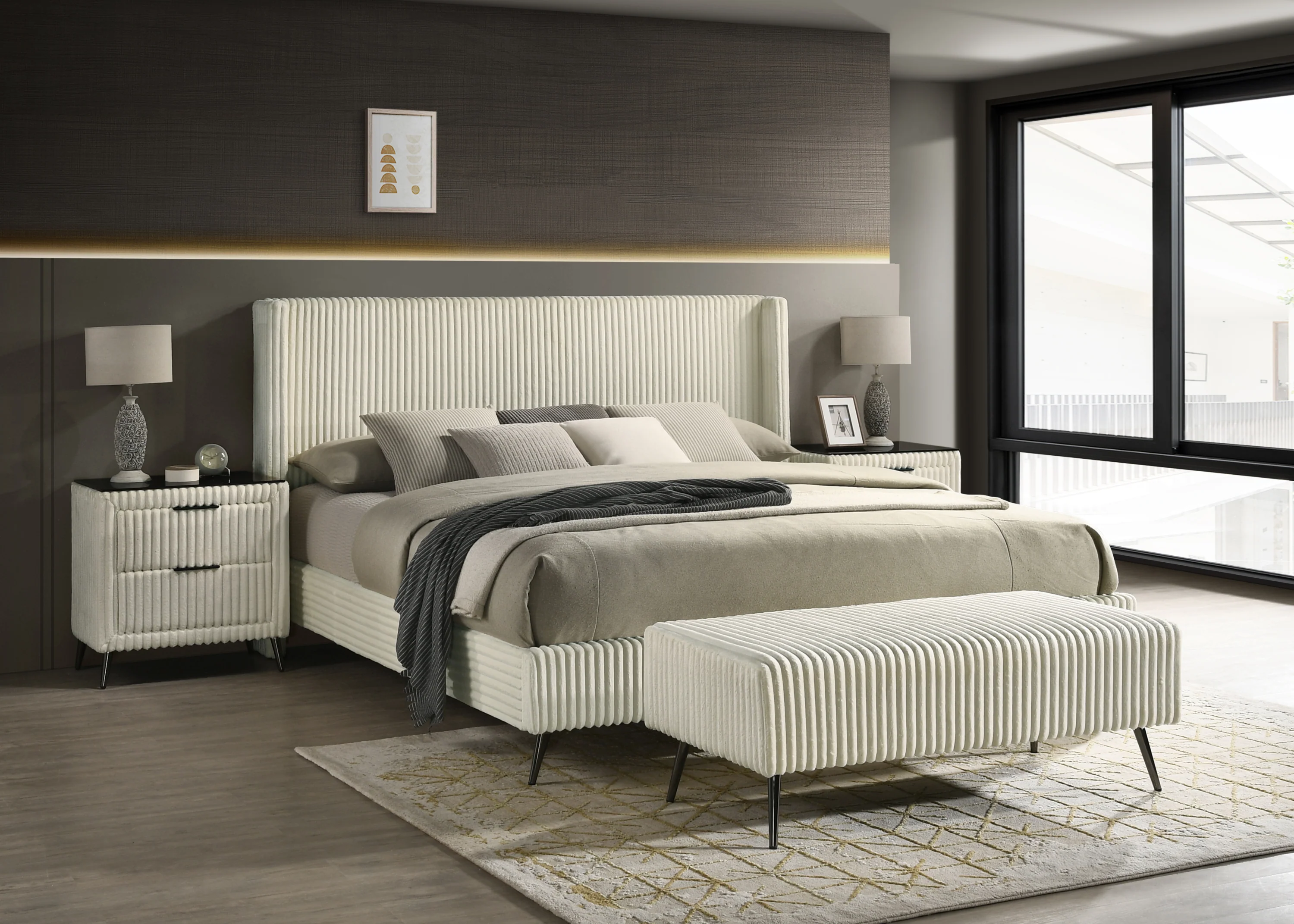 Walker Edison | Corduroy Upholstery King Bed with 2 Nightstands and Bench