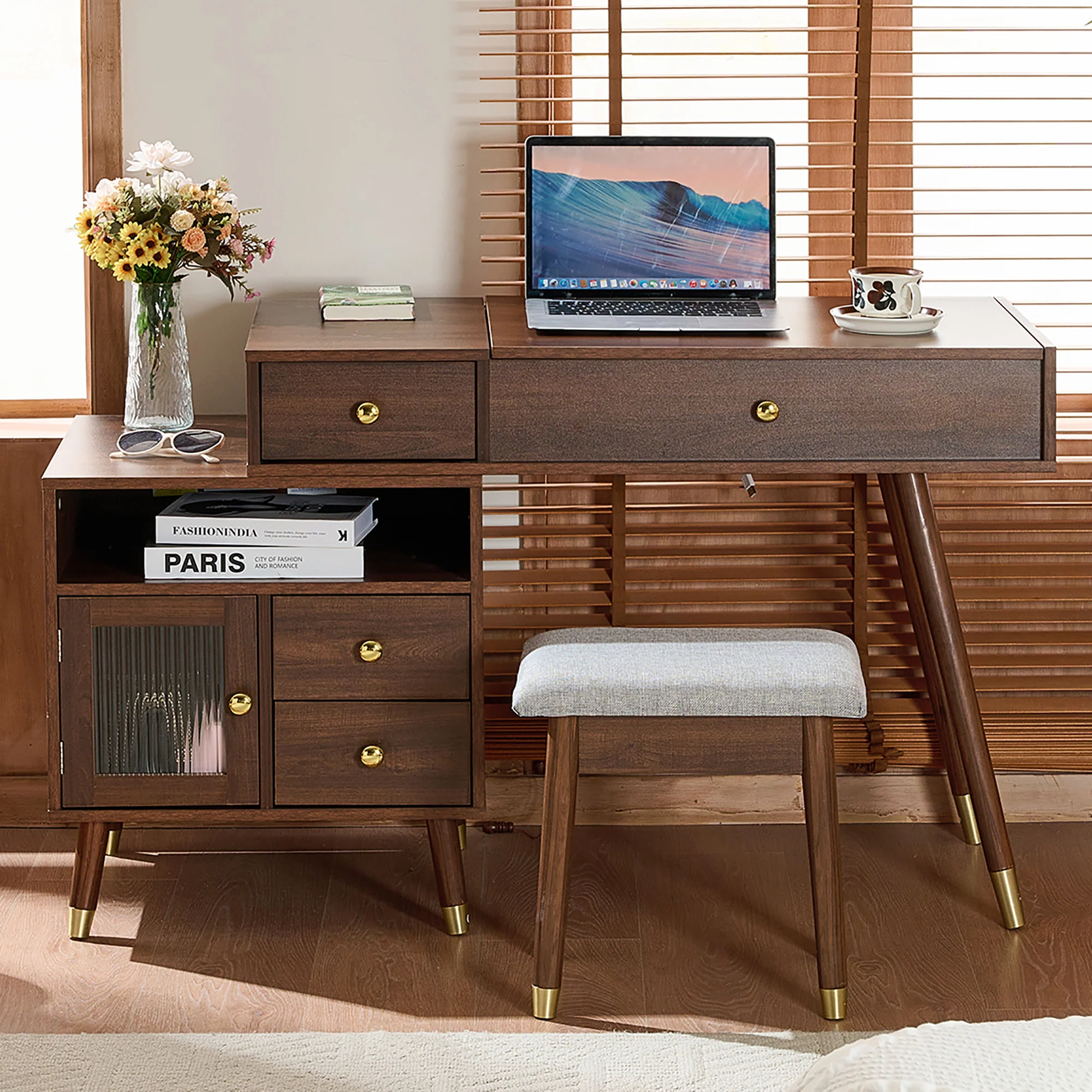 Walker Edison | 3-in-1 Makeup Vanity Desk with Lighted Flip-Top Mirror and Stool