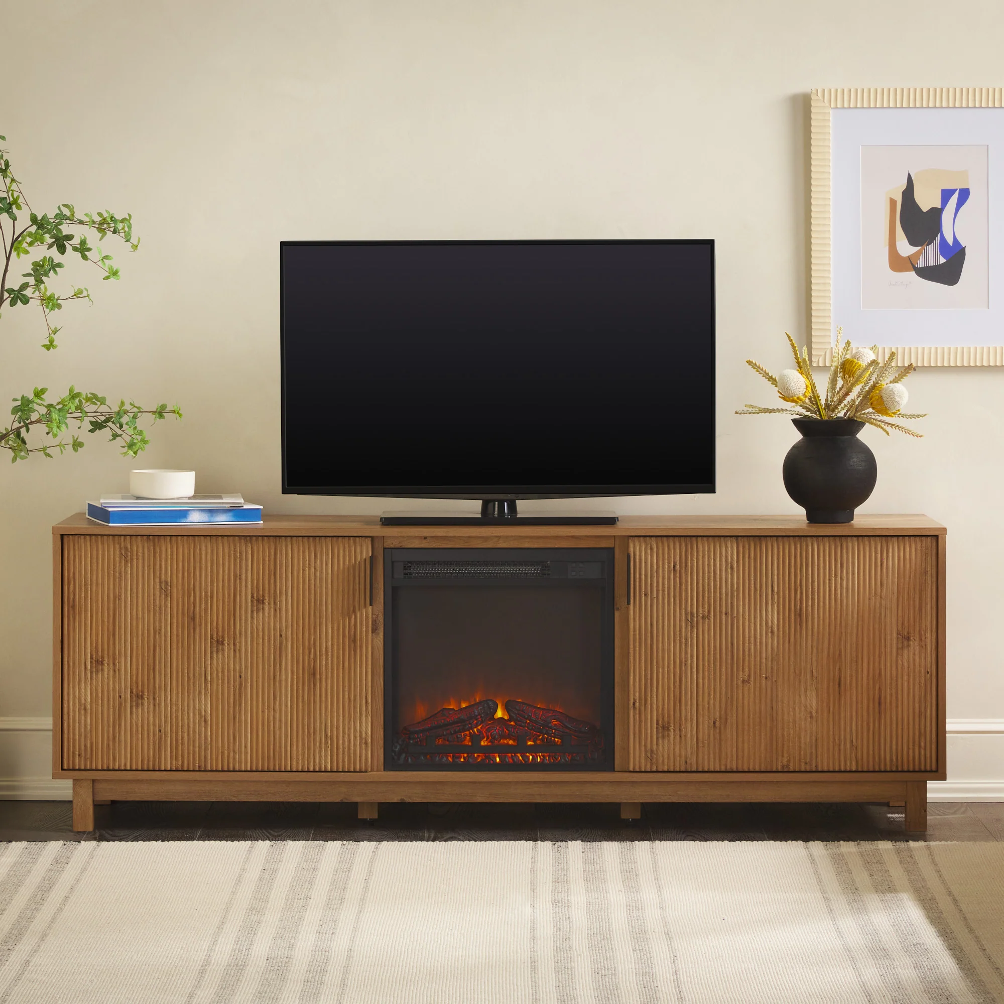 Reema Scandinavian 70 Modern Reeded TV Stand with Freestanding Electric Fireplace