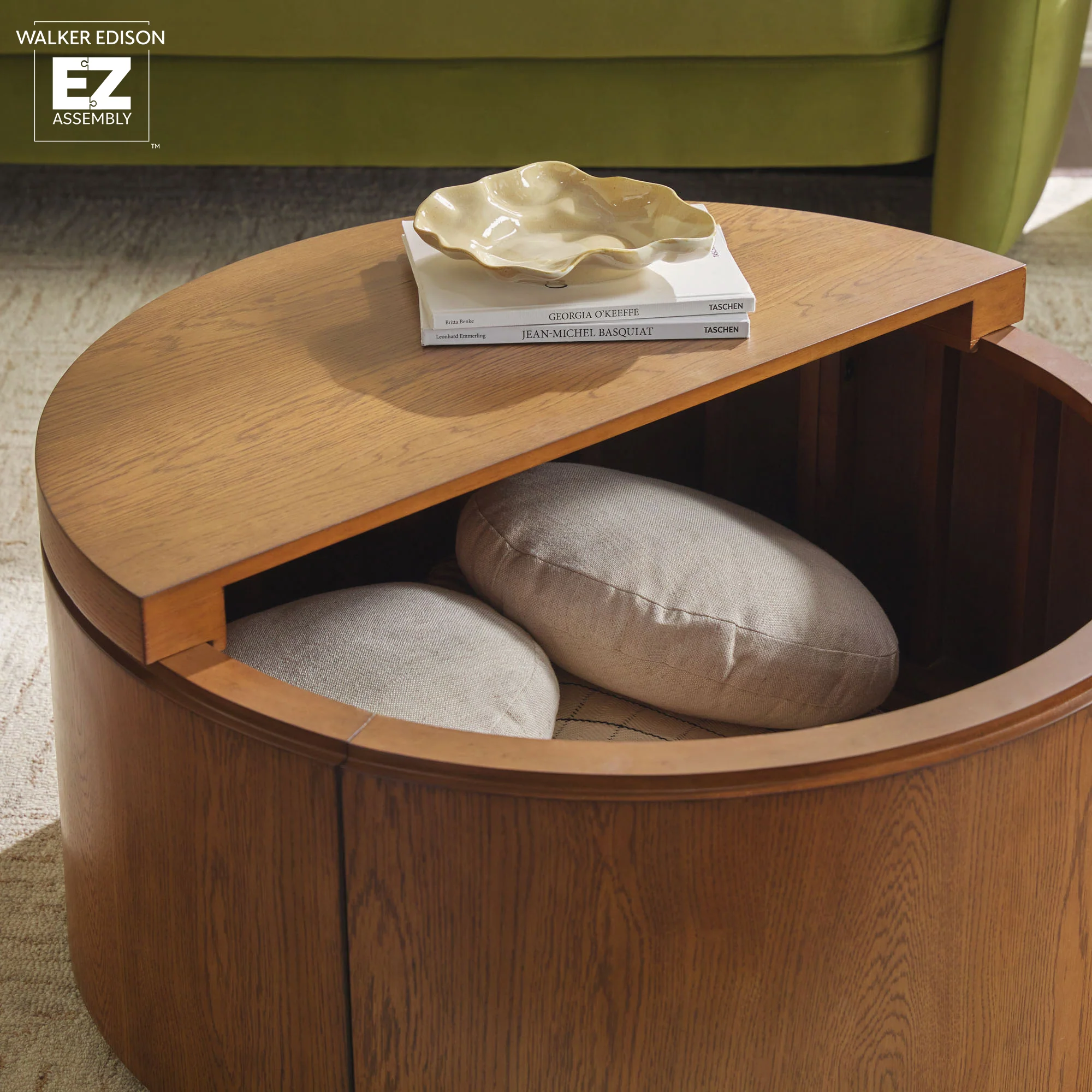 Maya 36 Modern Easy Assembly Round Oak Wood Veneer Coffee table with Storage