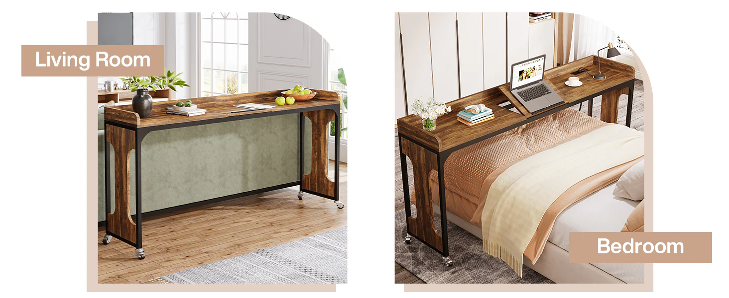 Walker Edison | Height Adjustable Queen Size Overbed Desk Table with Wheels