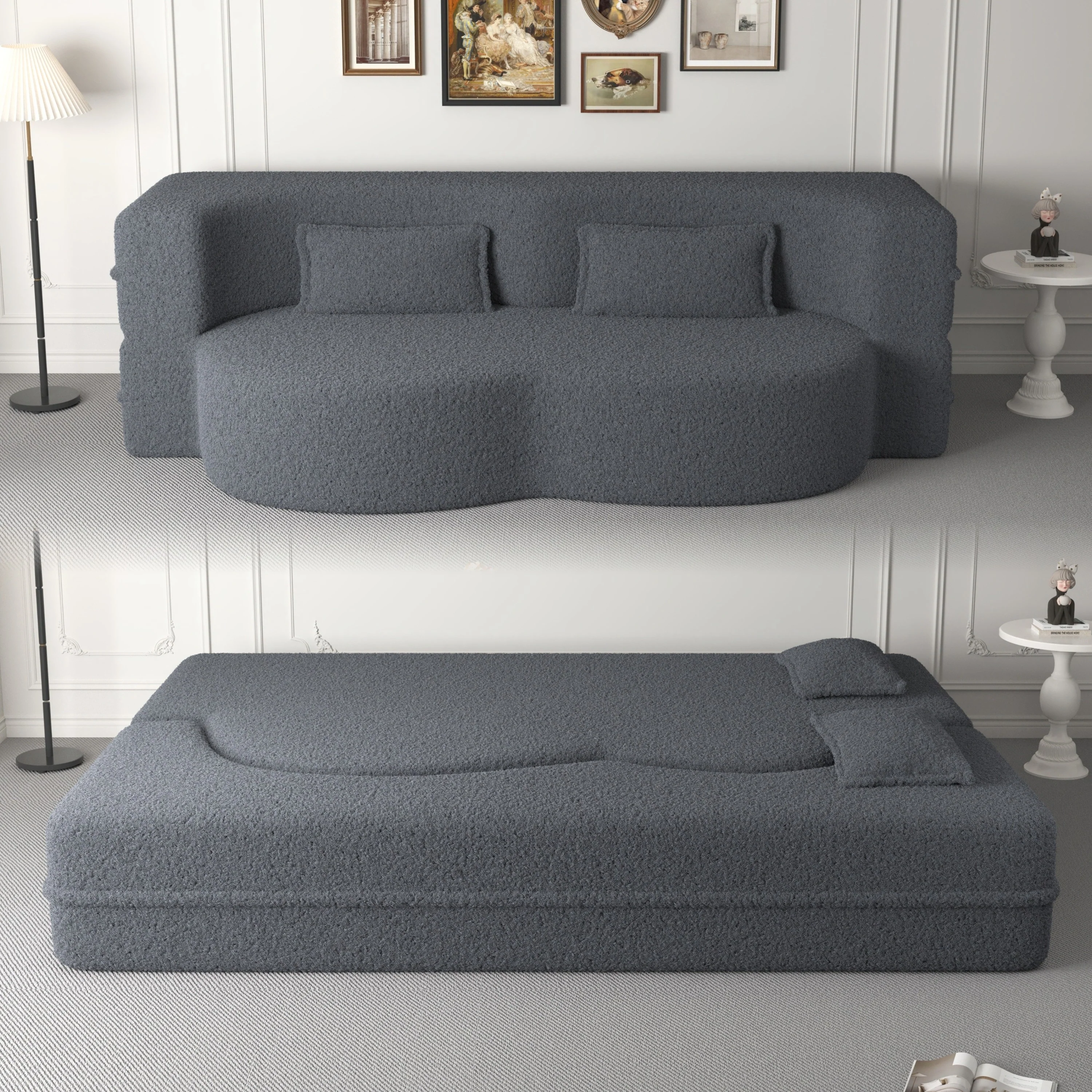 Walker Edison | Convertible Modern Teddy Floor Full Size Sofa Bed with Pillows