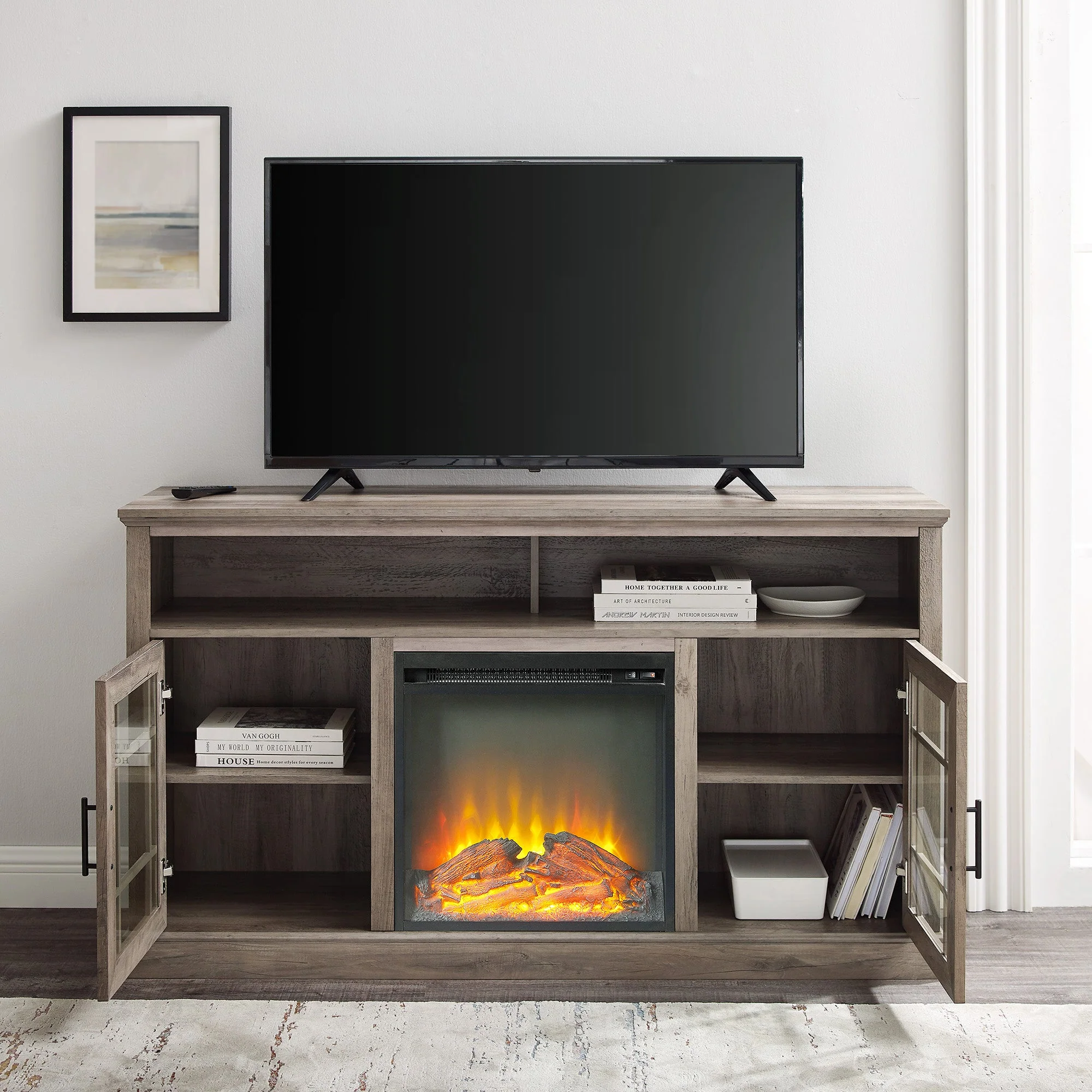 Hazel 58 Classic Glass Door Highboy Fireplace TV Stand