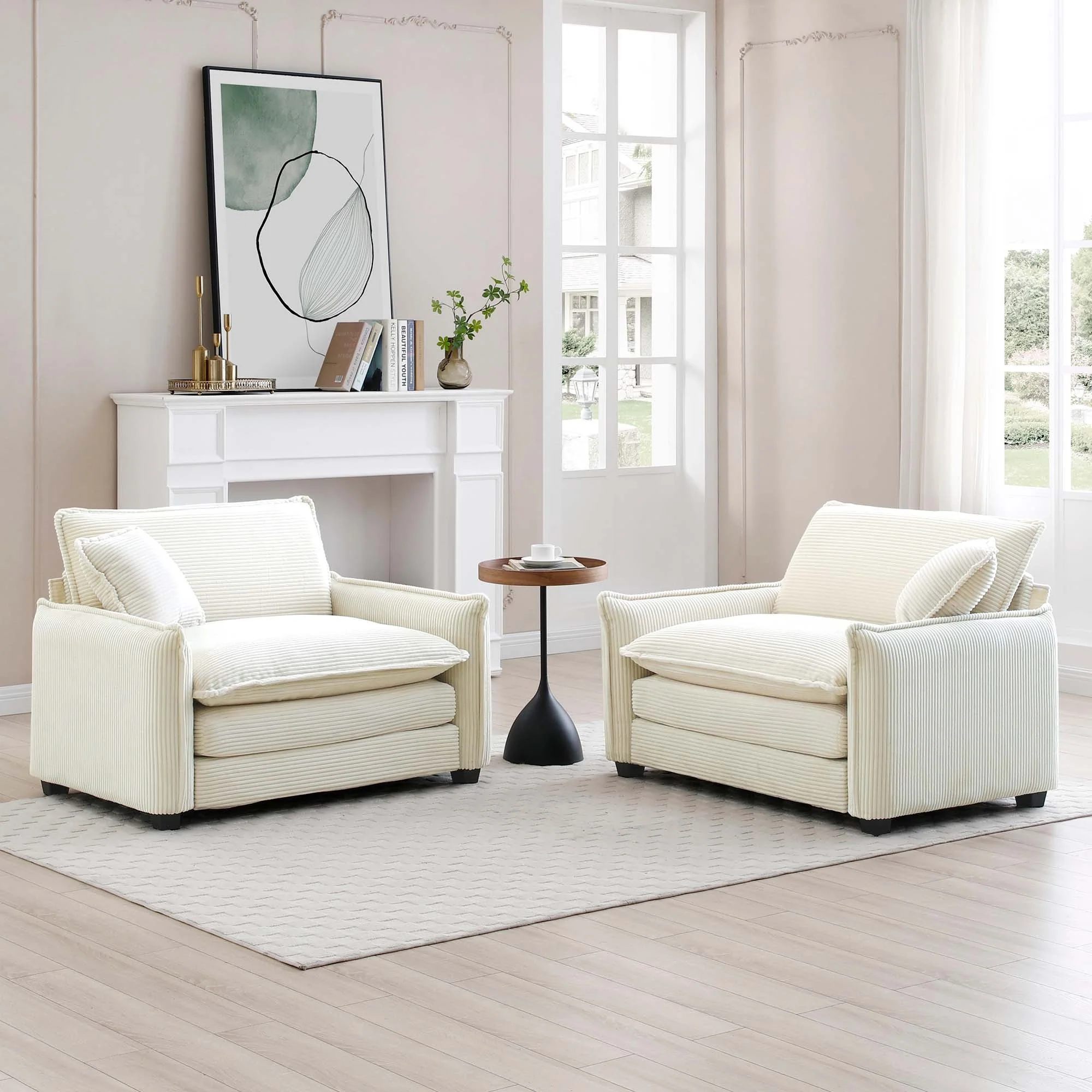 Walker Edison | Beige Corduroy Deep Seated Accent Chair Set