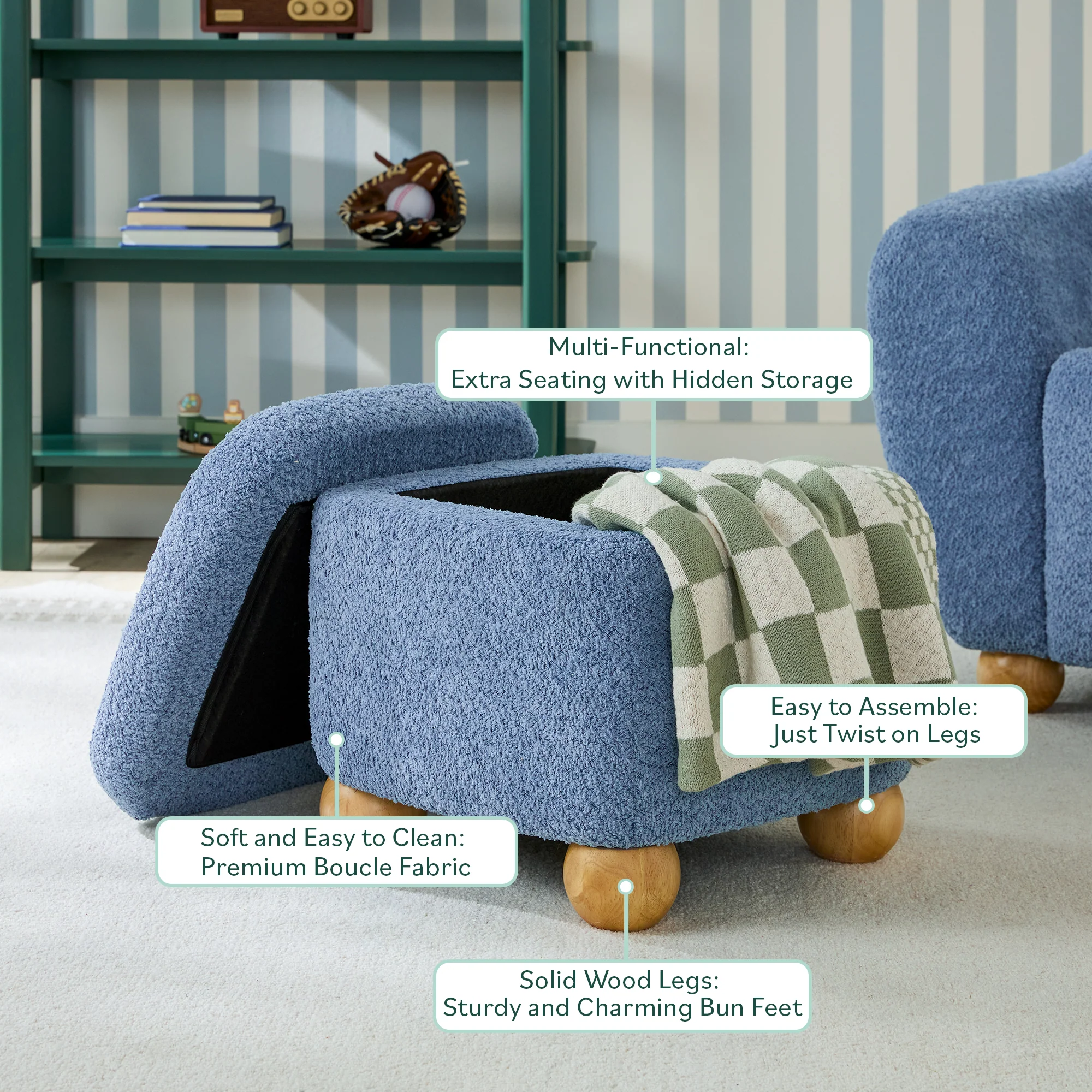 Linley Contemporary Bouclé Upholstered Accent Chair with Ottoman Set