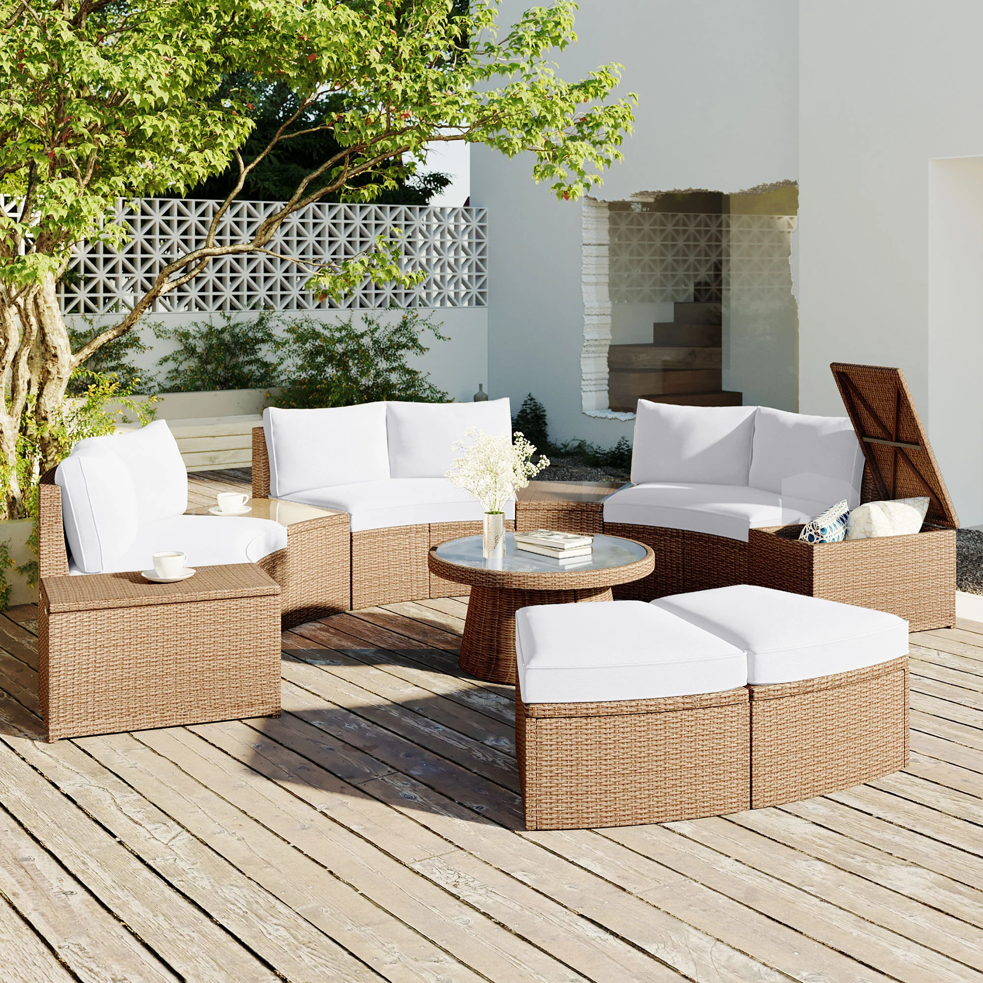 Walker Edison | Wicker Half Moon Outdoor 10-Piece Sectional Sofa Set with Storage