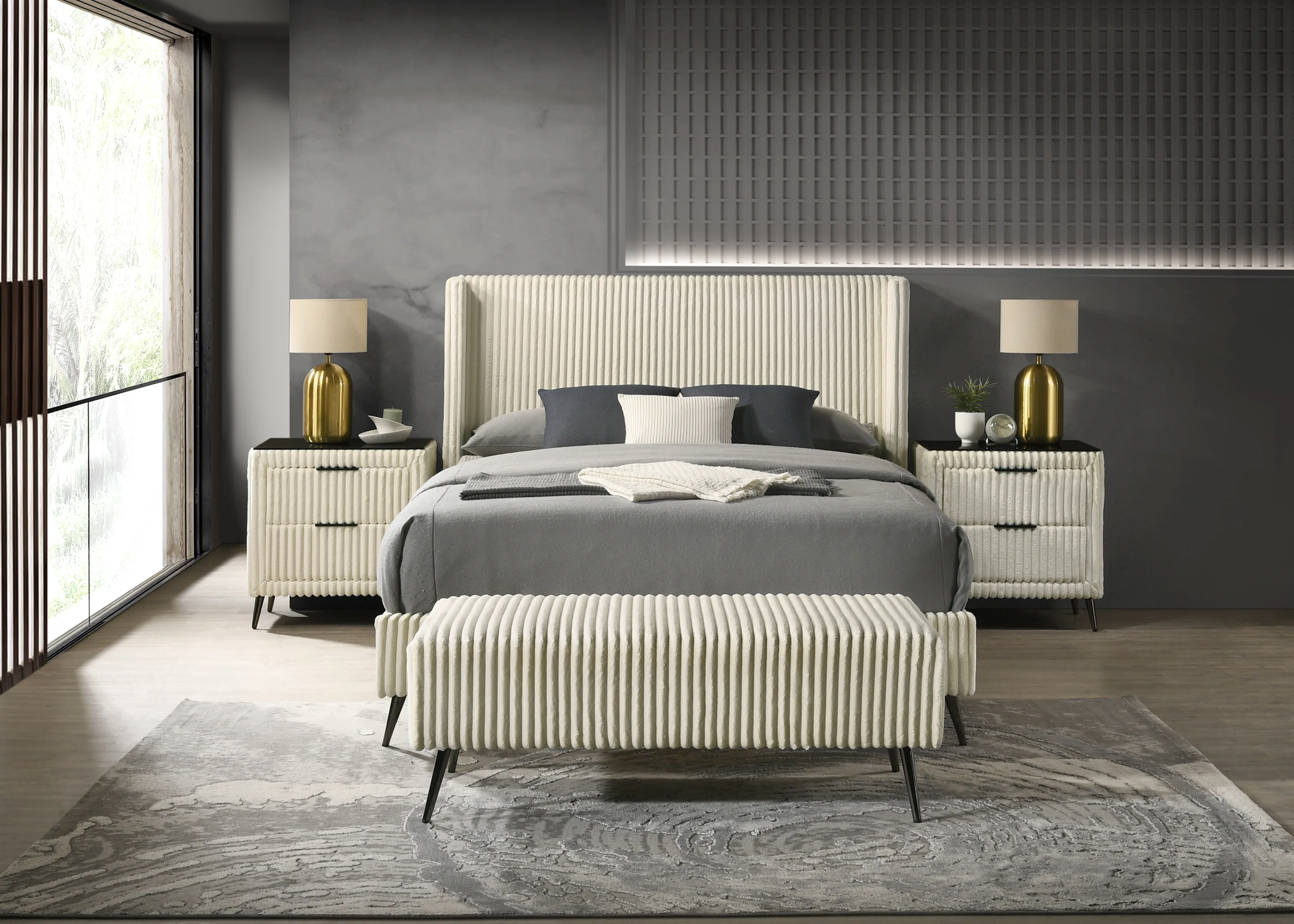 Walker Edison | Corduroy Upholstery Queen Bed with 2 Nightstands and Bench